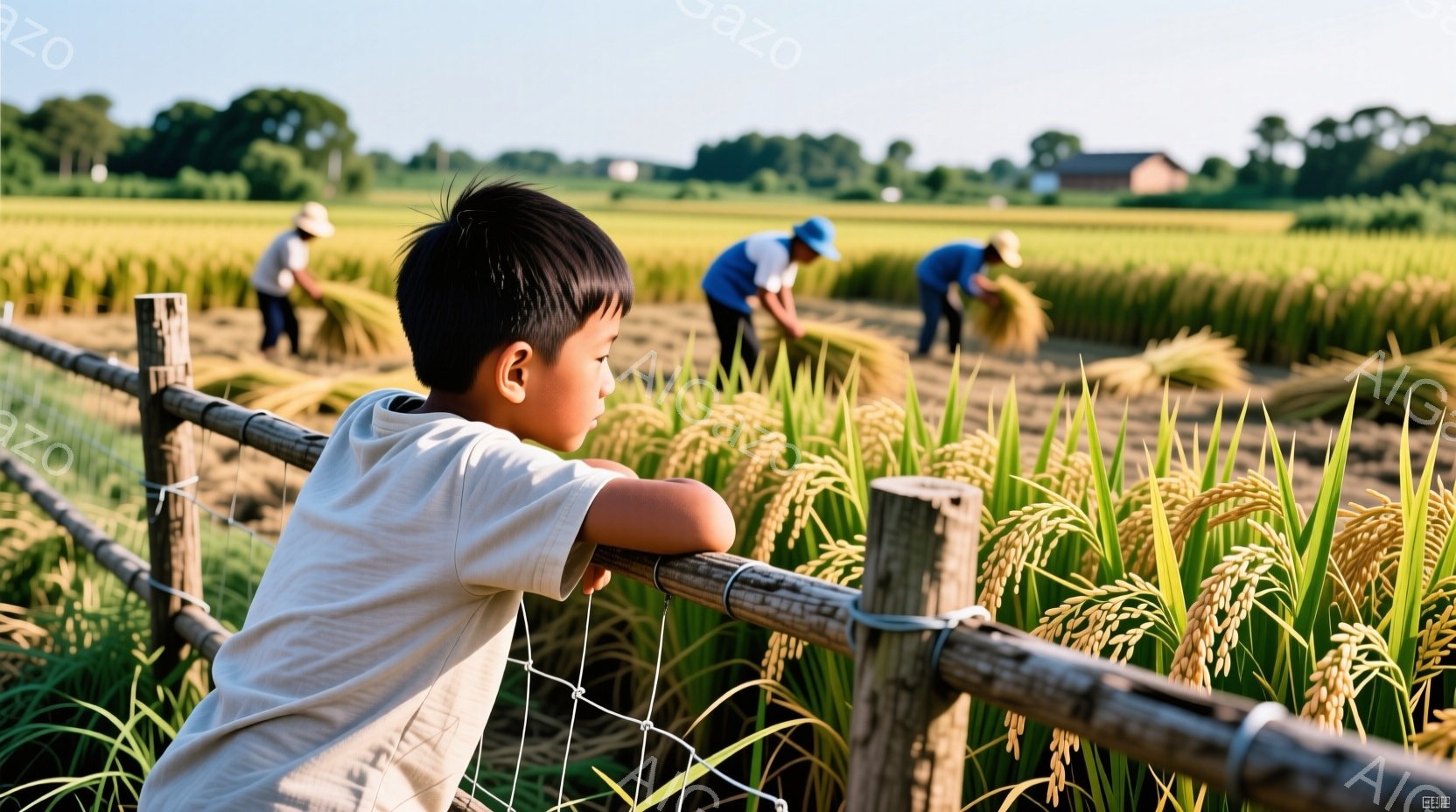 一人の少年が田んぼの柵にもたれかかって、何かを眺めている。少年は白いTシャツを着ており、短く刈り込まれた髪型で、少し考え込んでいるような表情をしている。背景には、青い服を着た人々が田んぼで作業しており、遠くには建物が見え、天候は晴れで、全体的に穏やかで静かな雰囲気が漂っている。