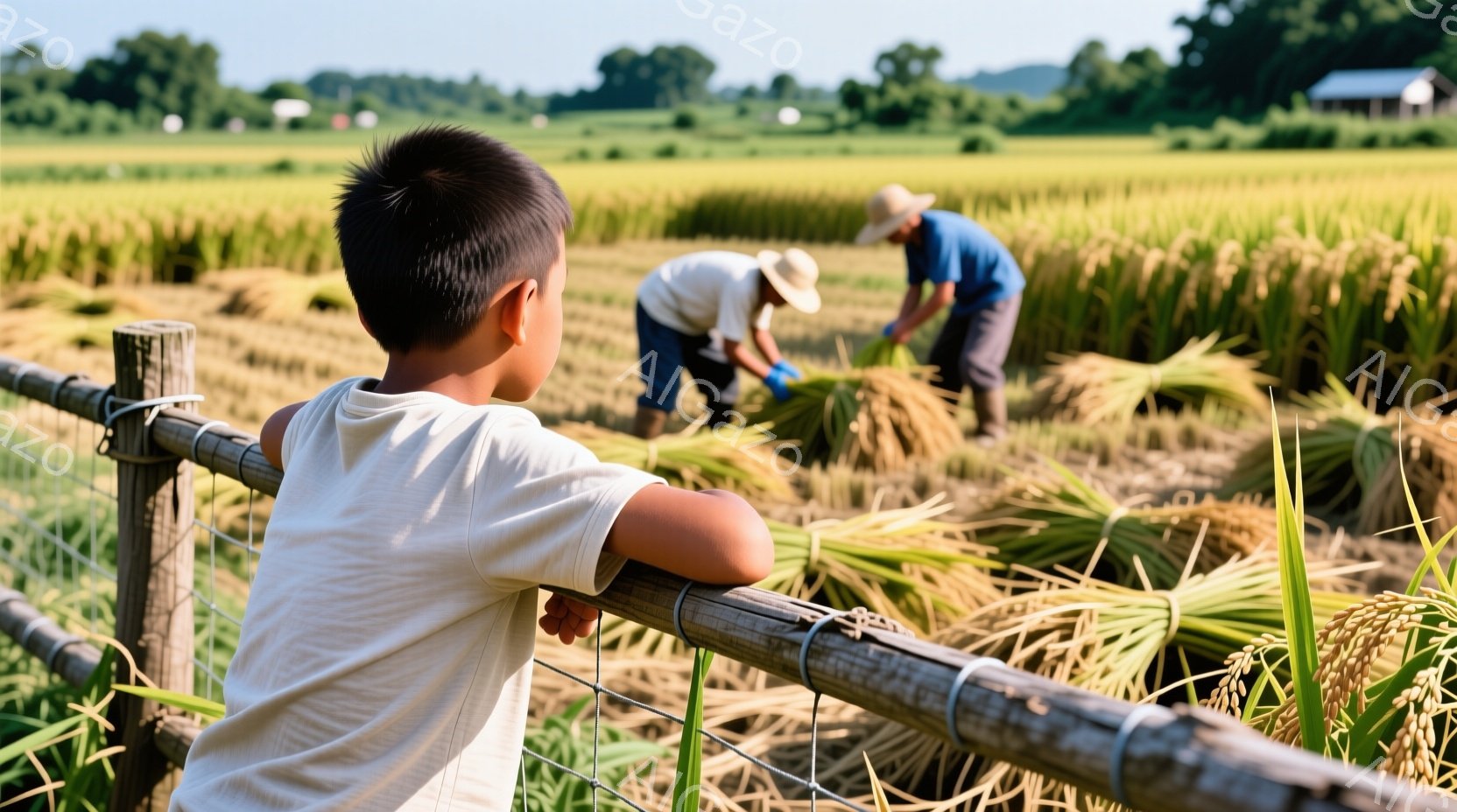 少年が竹製の柵にもたれかかり、黄金色の稲穂が広がる田を見つめている。作業着を着た二人の大人が稲刈りをしている姿が見え、背景には木々や建物がぼんやりと見える。全体的に暖かく穏やかな雰囲気で、収穫の秋を感じさせる光景である。
