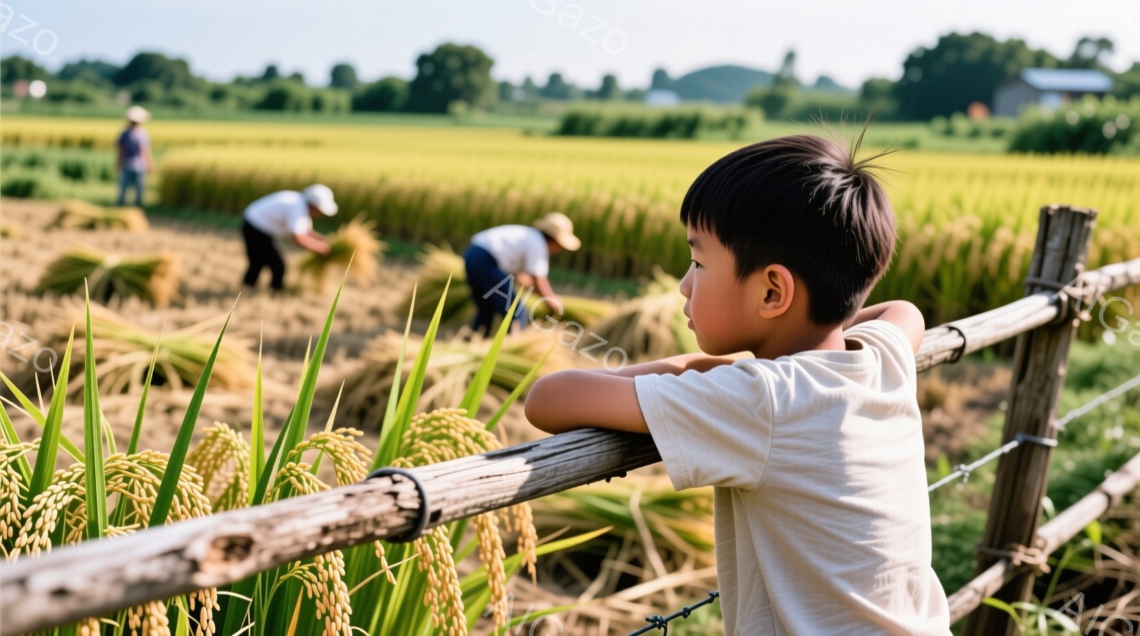 少年は白いTシャツを着て、竹製の柵にもたれかかり、黄金色の稲田を見つめている。彼の黒髪は短く切り揃えられ、表情はやや物憂げで遠くを見つめているようだ。背景には、麦わら帽子をかぶった人々が稲刈りをしてお - AI生成フリー素材