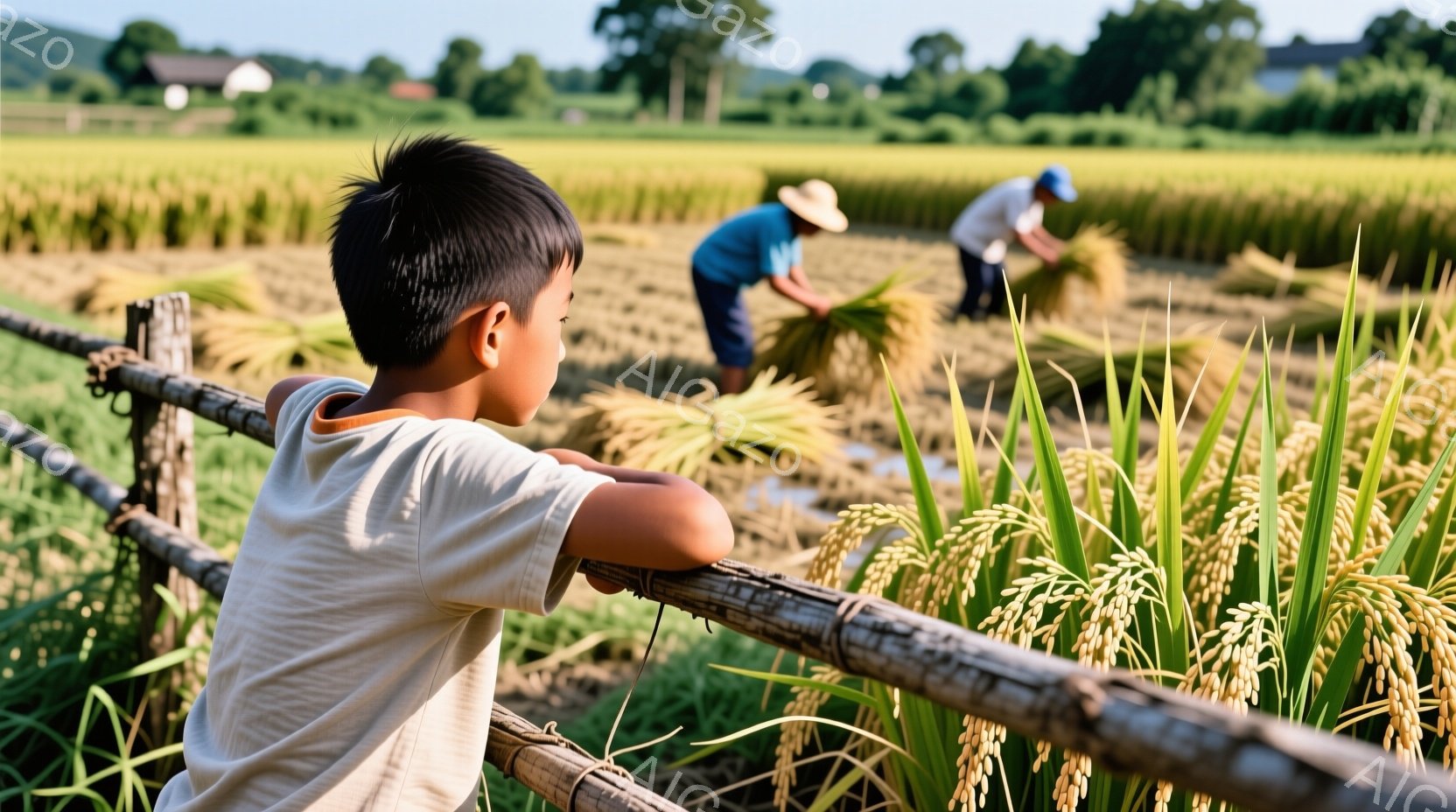少年は、背中を見せて竹の柵にもたれかかっており、麦畑を見下ろしている。彼は白いTシャツを着ており、短く刈り込んだ髪をしている。背景には、麦を刈る作業員が二人おり、遠くには建物と緑豊かな丘が見える、穏やかで平和な田園風景が広がっている。