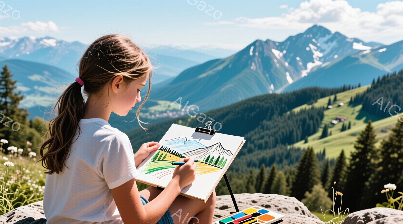 金髪をポニーテールにした少女が、膝の上にクリップボードを置き、絵を描いている。彼女は白いTシャツを着ており、集中した表情で風景を描いているようだ。背景には緑豊かな森林地帯が広がり、遠くには雪を抱いた山々が連なり、晴天で穏やかな雰囲気が漂っている。