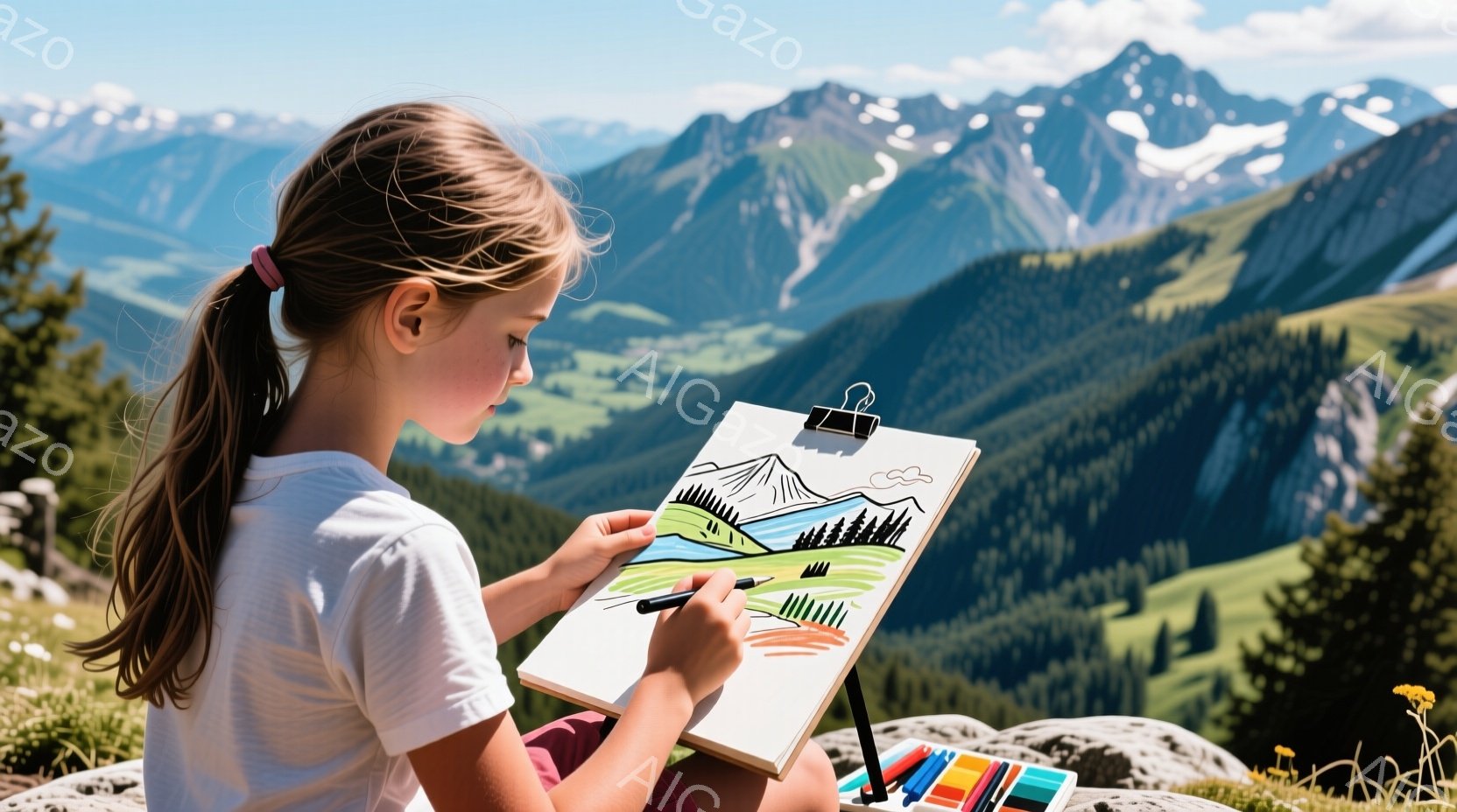 茶髪をポニーテールにした少女が、山を背景に絵を描いている。白いTシャツと紫色のズボンを着用し、膝の上にイーゼルを置いて絵を描くことに集中している。背景には緑豊かな山々が広がり、青空が広がり、晴れた日の - AI生成フリー素材