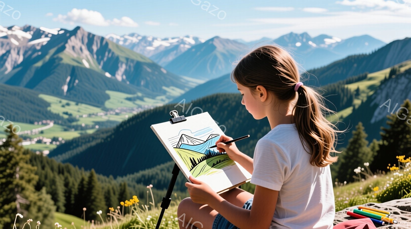 若い女の子が絵を描いている様子が写っている。彼女は白いTシャツを着ており、髪は後ろで一つに結ばれている。背景には緑豊かな山々が広がり、晴天の下、自然の中で絵を描いている様子から、穏やかで平和な雰囲気が伝わってくる。