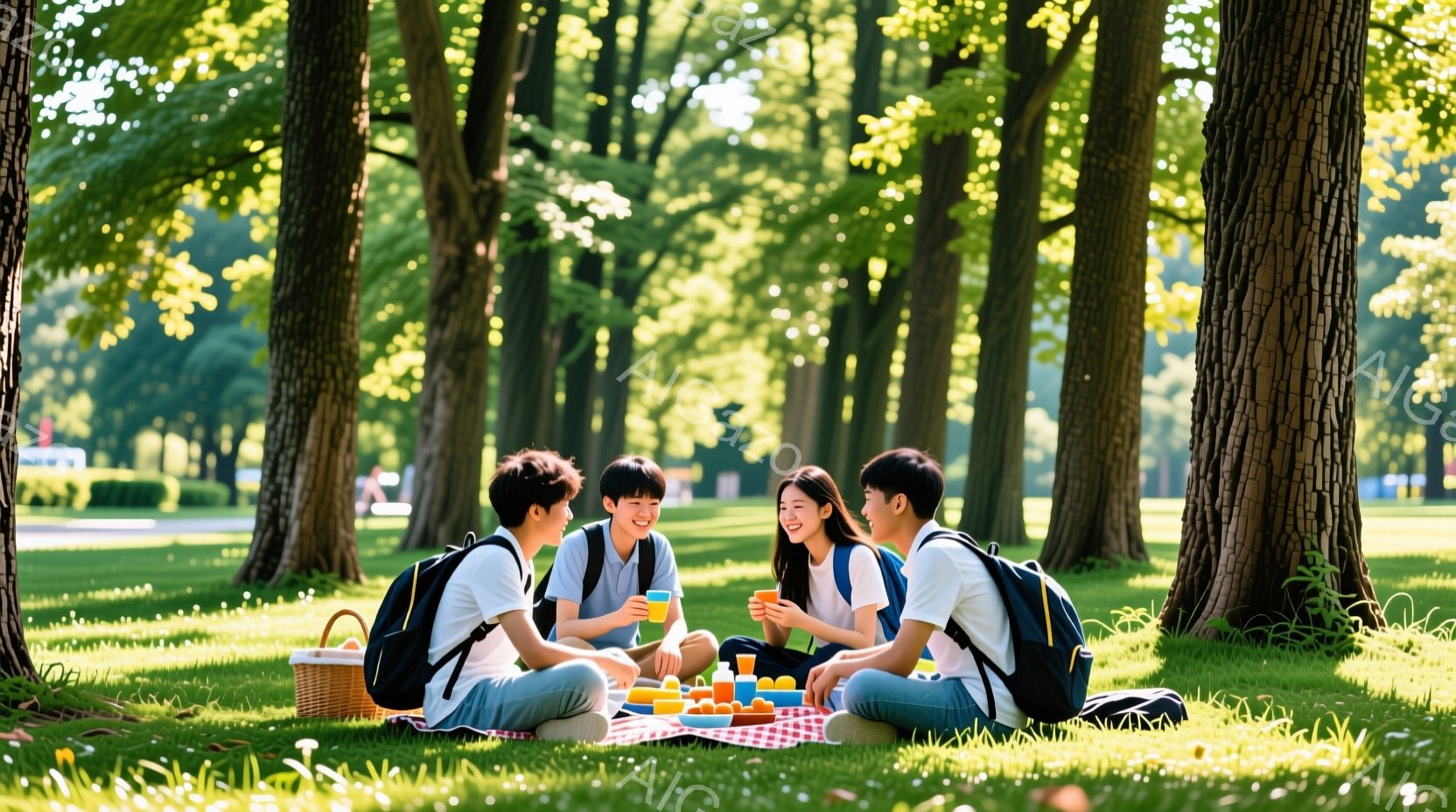 四人の若い男女が緑豊かな公園の芝生の上に座ってピクニックを楽しんでいます。皆、バックパックを背負い、カジュアルな服装で、笑顔で飲み物を片手にリラックスした様子です。背景には高い木々が生い茂り、晴れた空 - AI生成フリー素材