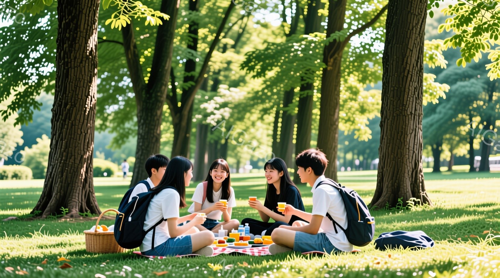 公園の緑豊かな芝生の上で、若い男女4人がピクニックを楽しんでいる様子が写っている。彼らは皆白いシャツに、カジュアルな服装で、リュックサックを背負っている。笑顔で飲み物を片手に談笑しており、晴れた日の穏 - AI生成フリー素材