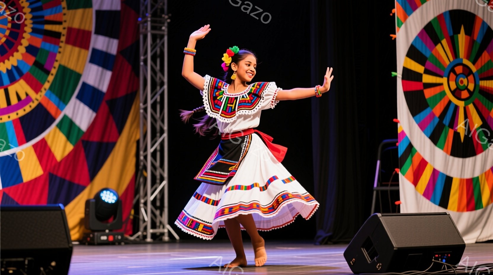 少女は伝統的なメキシコの衣装を着て、ステージで踊っています。白地にカラフルな刺繍が施されたブラウスと、フリルと刺繍が施されたスカートを着用し、髪を三つ編みにし、頭に花飾りをつけています。彼女は片足をわずかに上げて、腕を優雅に広げ、明るく笑顔を浮かべています。