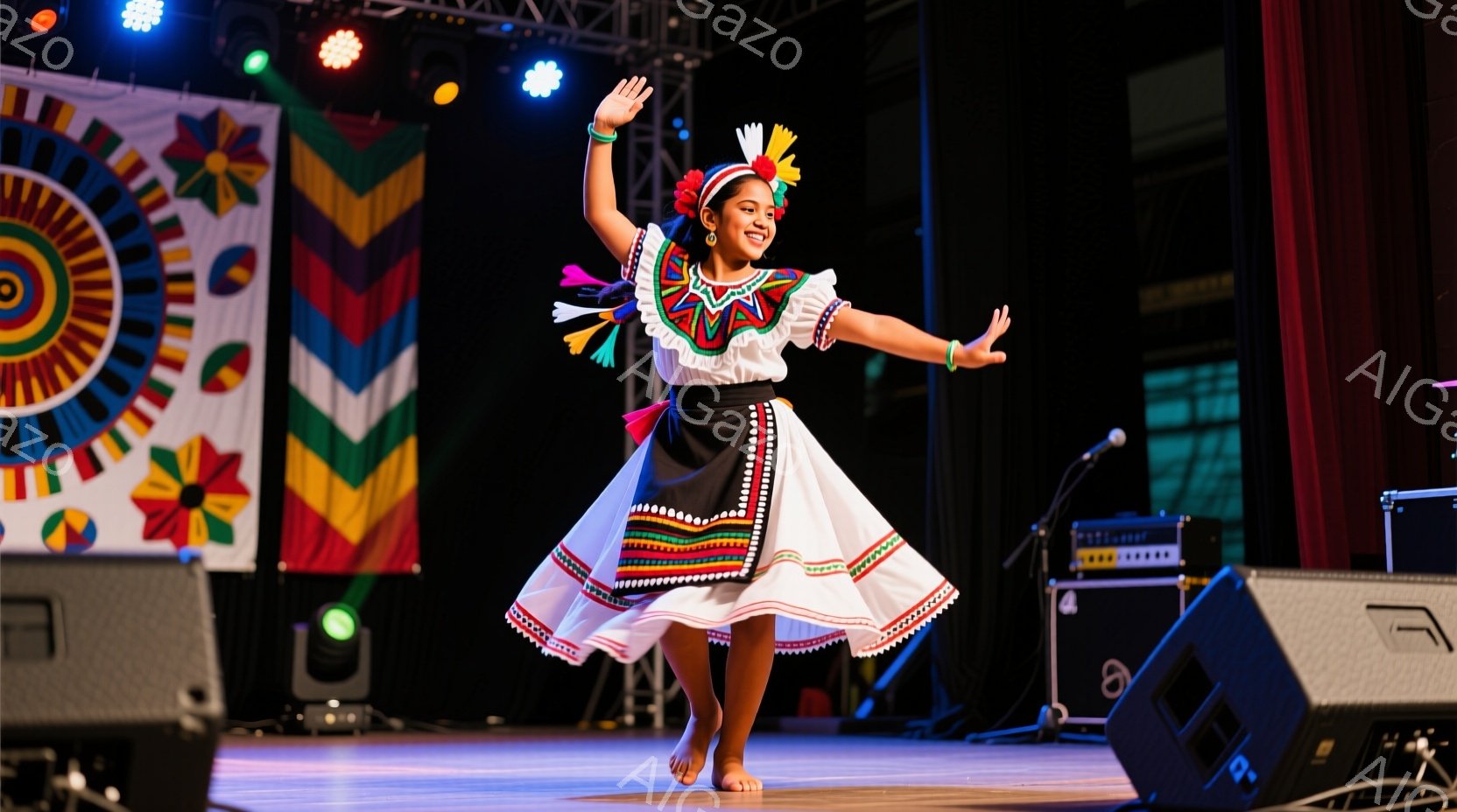 ステージ上には、伝統的な衣装を身につけた少女が踊っています。彼女は白地にカラフルな刺繍が施されたスカートと、赤、緑、黄色があしらわれたブラウスを着用し、髪には色とりどりの飾りを付けています。背景にはメキシコ風の鮮やかな旗やスピーカーが配置され、活気に満ちたパフォーマンスの雰囲気を醸し出しています。