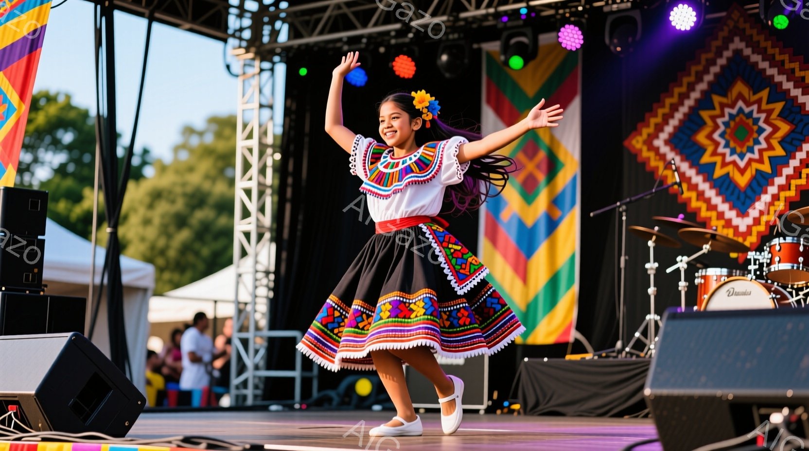 ステージ上で踊る若い女性が写っている。彼女は伝統的な装いの民族衣装を着ており、鮮やかな色使いの刺繍が施されたブラウスと黒いフレアスカートを身に着けている。髪には花飾りをつけ、満面の笑みを浮かべながら片足を上げて踊っている様子は、活気に満ちたお祝いの雰囲気を伝えている。