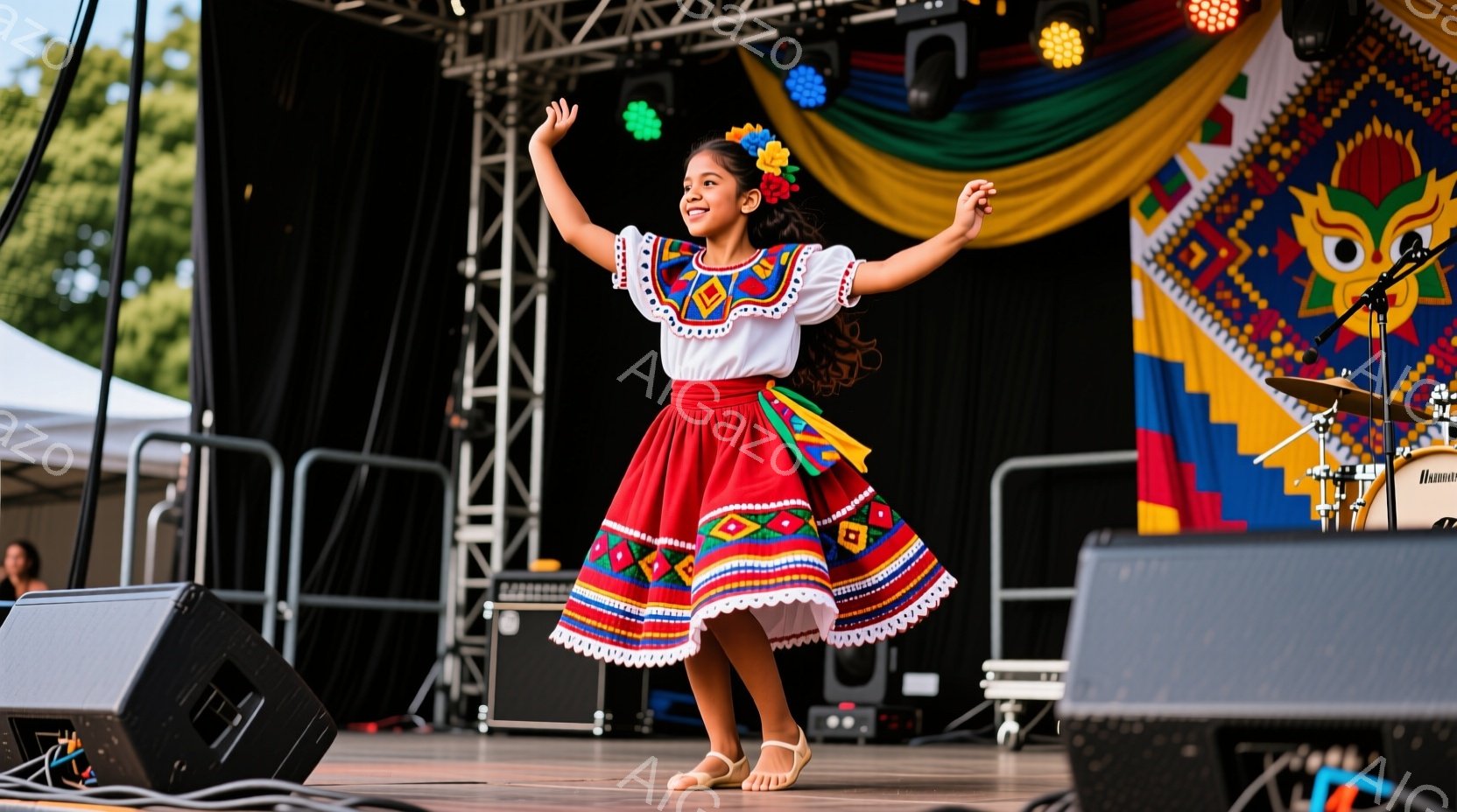 ステージ上で赤いスカートと白いブラウスを着た少女が踊っています。彼女は両腕を広げ、楽しそうな笑顔を見せています。背景にはカラフルな装飾とドラムセットがあり、屋外の晴れた日に行われるイベントの様子が伺えます。