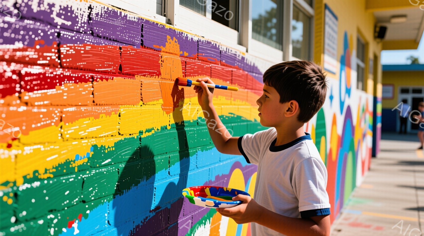 少年はカラフルな虹色の壁に絵を描いています。彼は青いTシャツと短パンを着ており、黒い髪は短く整えられています。背景には建物が見え、晴れた空の下、明るい日差しが差し込んでいます。