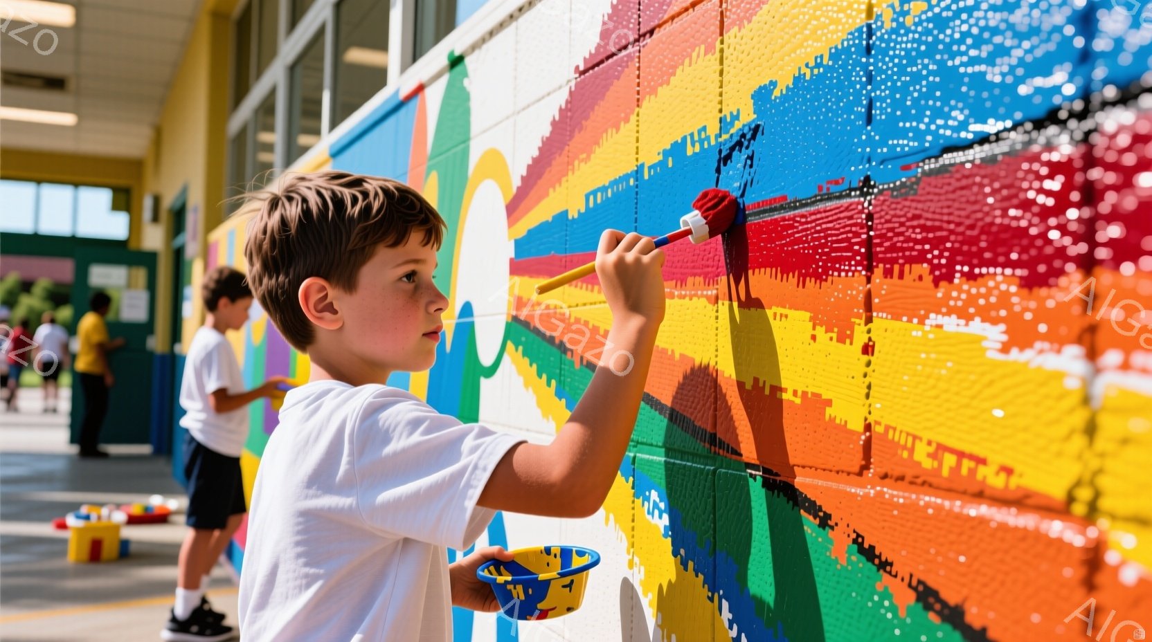 若い少年がカラフルな壁に絵を描いています。白いTシャツと黒いショーツを着用し、茶色の髪を短く切っています。背景には、他の子供たちと、明るい日差しが差し込む廊下のような場所が見えます。