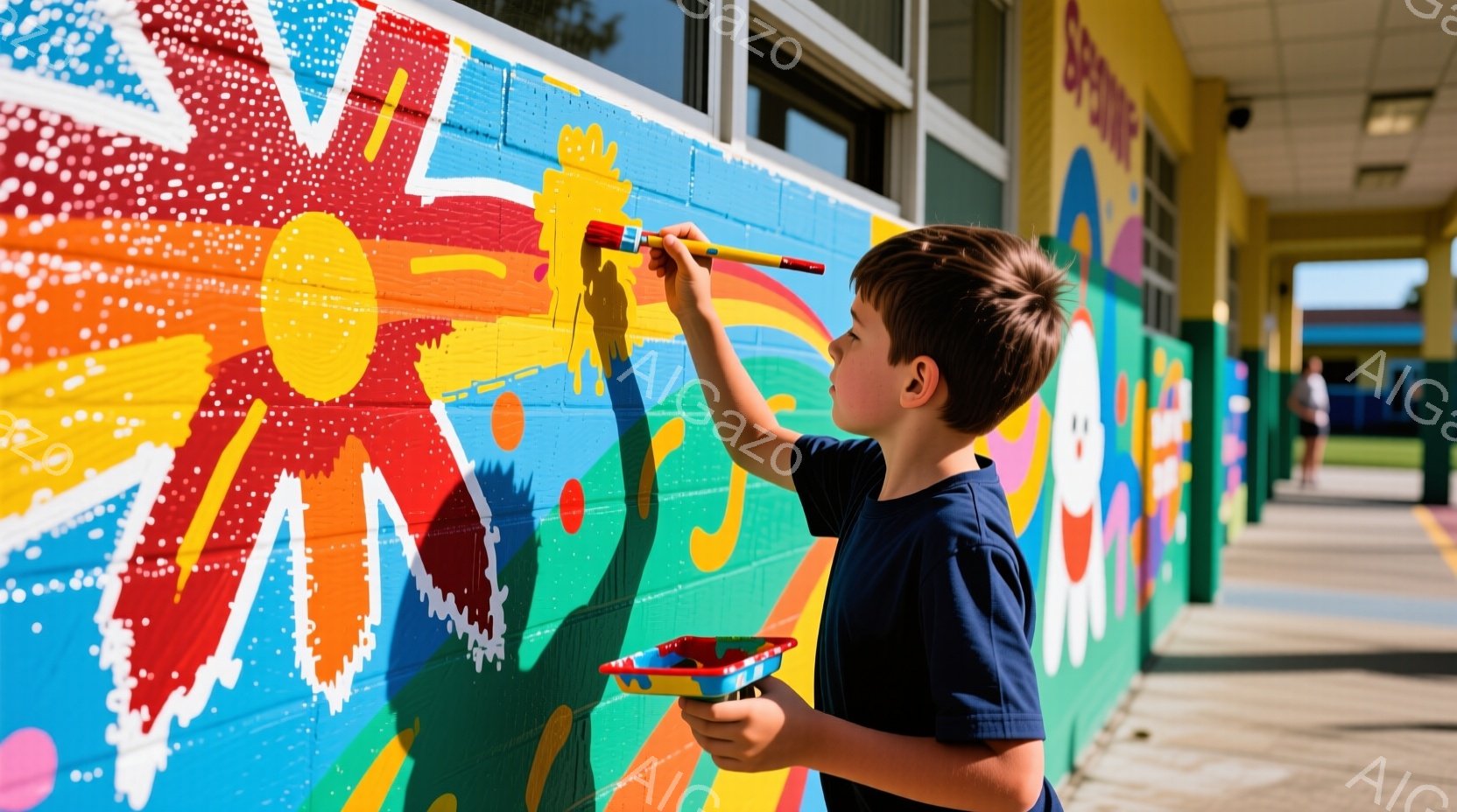 少年はカラフルな壁画の前で絵を描いています。彼は青いTシャツを着ており、短い茶色の髪をしています。背景にはレンガ造りの建物が見え、晴れた空の下、明るい雰囲気です。