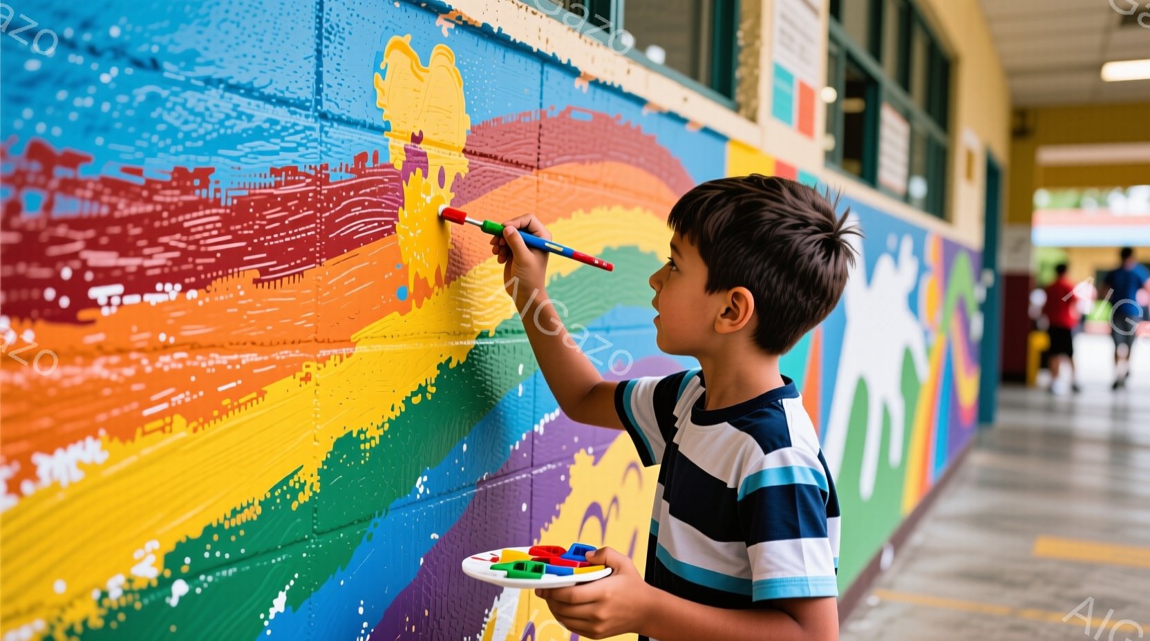 茶髪の少年が、虹色の壁画に絵を描いています。ストライプのシャツを着て、集中した表情で筆を動かしています。背景には、壁画が続く廊下と、ぼやけた人影が見え、明るく活気のある雰囲気が漂っています。 - AI生成フリー素材
