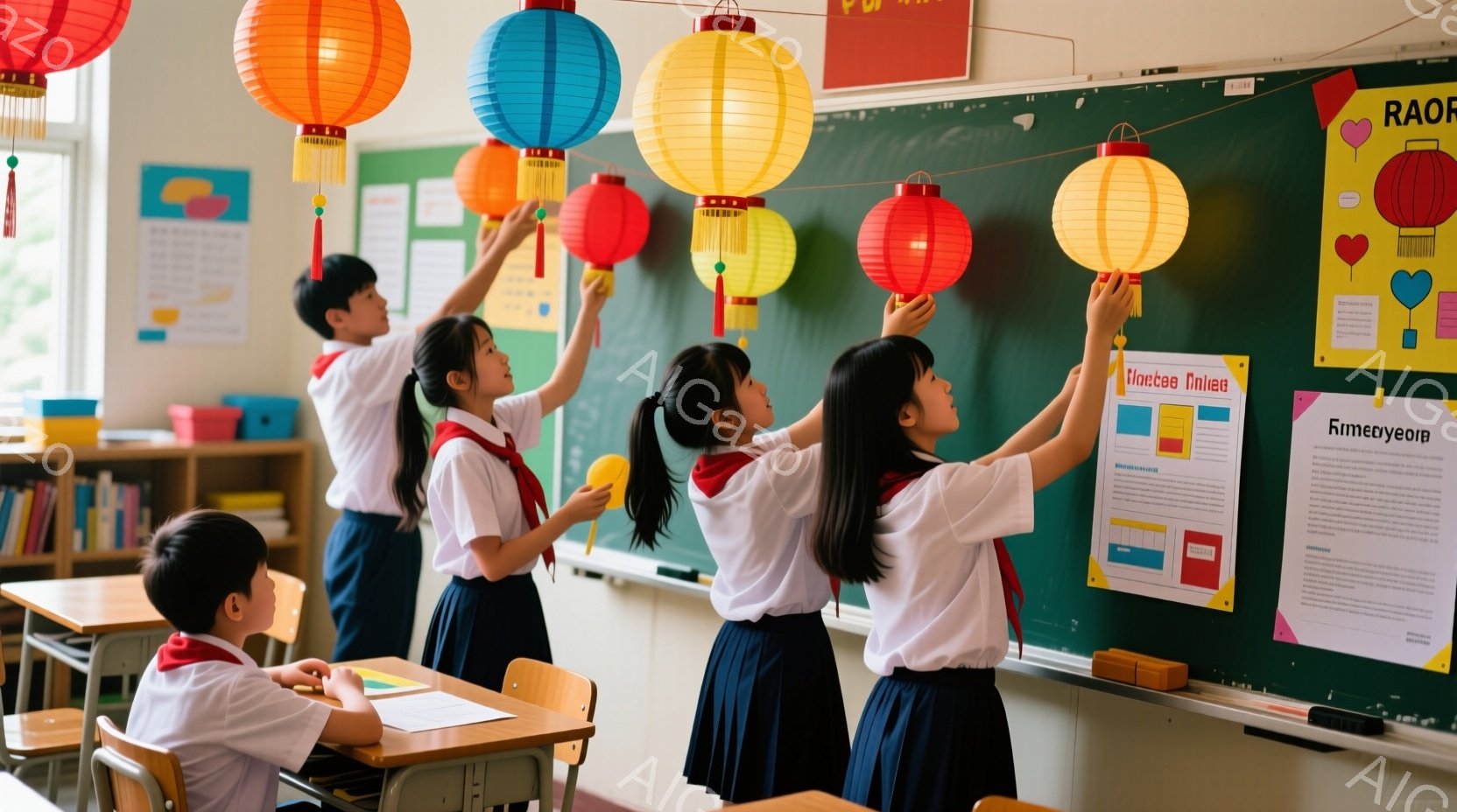 教室の中には、制服を着た小学生たちがいます。彼らは皆、赤い、黄色、オレンジ色の提灯を掲げようとしており、少し背伸びをして楽しそうにしています。背景には黒板があり、カラフルなポスターや教材が貼られており、明るく活気のある雰囲気です。
