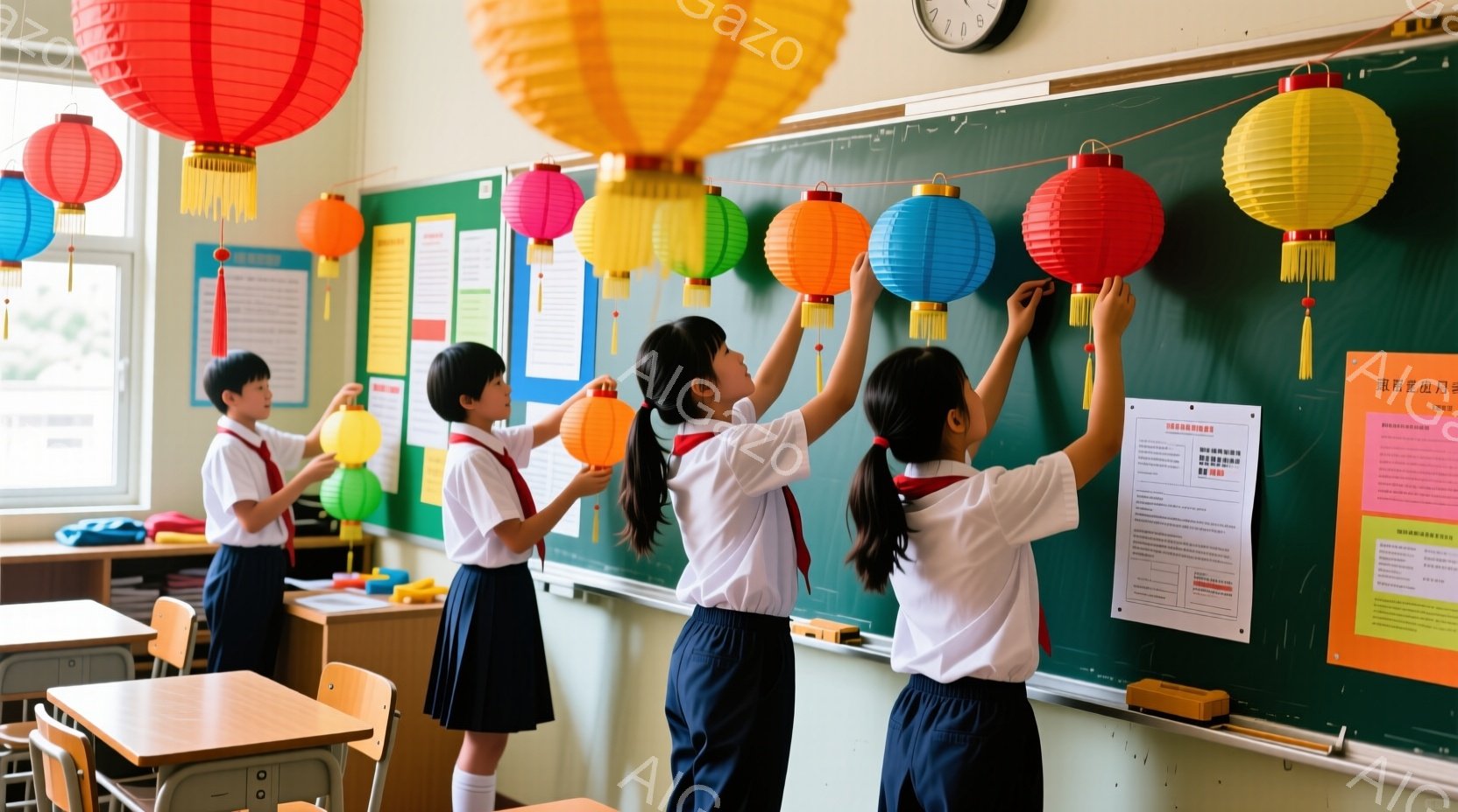 制服姿の女子学生たちが、教室の壁に色とりどりの提灯を飾り付けている様子が描かれている。彼女たちは紺色のスカートに白いブラウス、赤いリボンを付け、黒髪を後ろで一つに結んでいる。教室の壁には様々なポスターが貼られ、机と椅子が整然と並んでいるため、学校の活気ある雰囲気が伝わってくる。