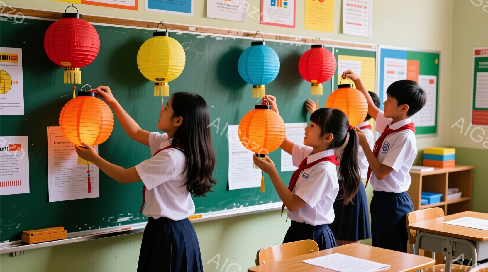 制服を着た小学生たちが、教室の黒板前に吊るされた色とりどりの提灯を飾り付けている様子が描かれています。子どもたちは皆、黒髪のポニーテールで、真剣な表情で提灯を高く掲げている姿は、学校行事への熱意を感じ - AI生成フリー素材