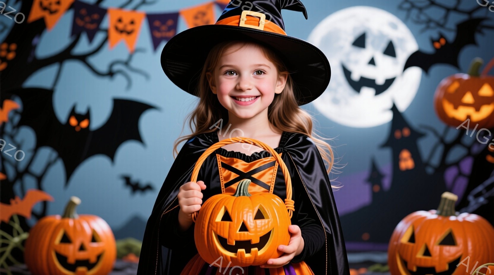 ハロウィーンの衣装を着た少女が、オレンジ色のカボチャの形をしたお菓子入れを持って微笑んでいます。彼女は黒い魔女帽子とオレンジと黒の衣装を着ており、茶色の髪は自然に肩にかかっています。背景には満月とコウモリ、そして様々な形のジャック・オー・ランタンがあり、お祭りの楽しい雰囲気を演出しています。