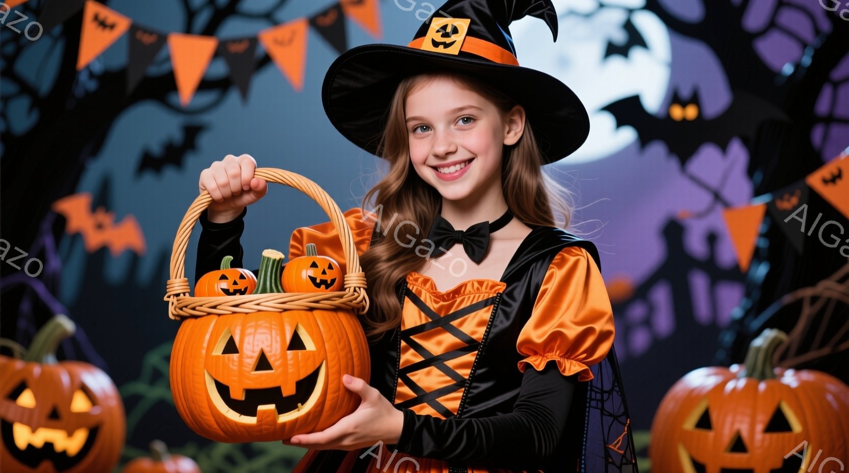 少女はハロウィーンの衣装を着ており、オレンジと黒のドレスに黒い帽子をかぶっています。彼女は笑顔で、大きなカボチャの入ったバスケットを両手で持っており、楽しそうな表情をしています。背景には、カボチャのラ - AI生成フリー素材