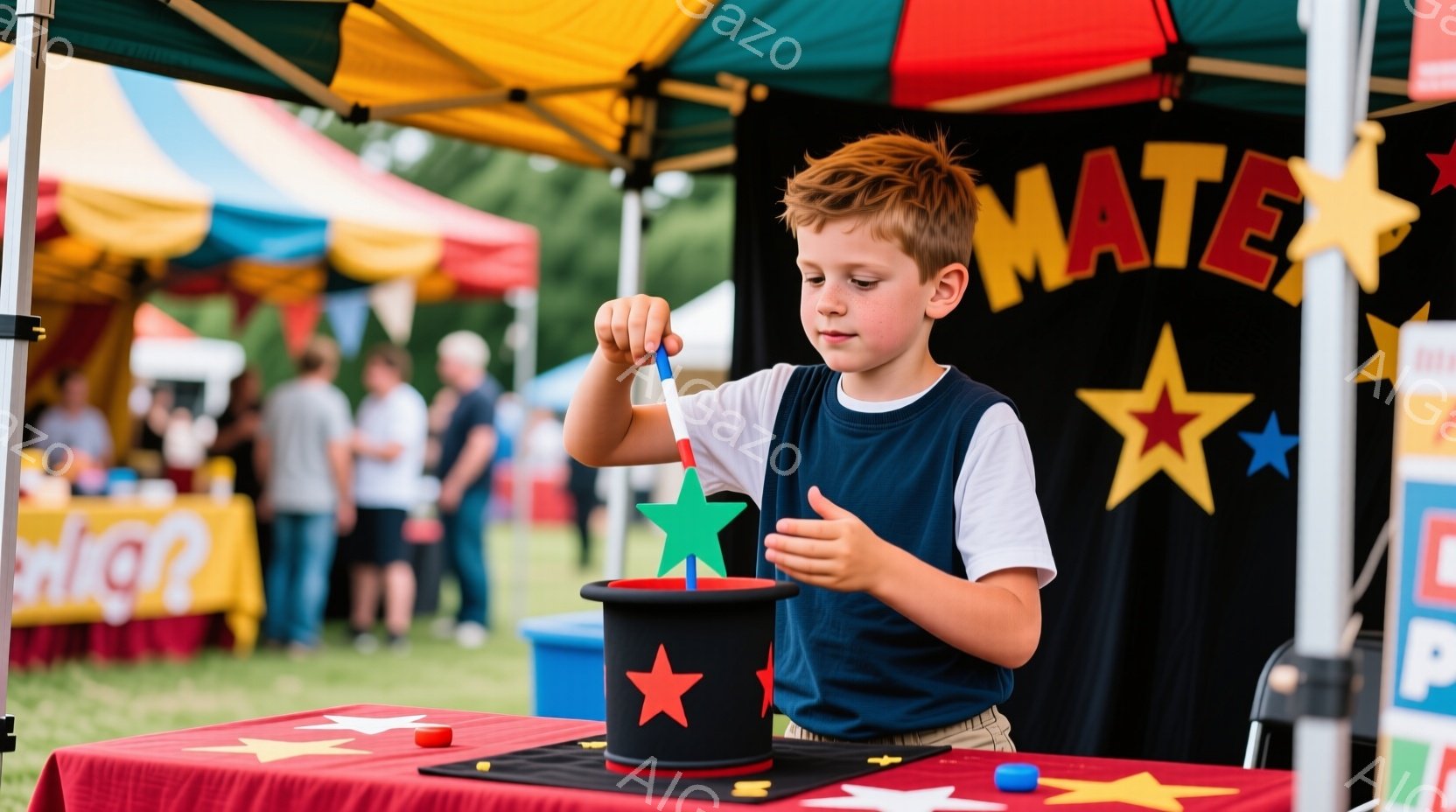 金髪の少年が、赤い星が描かれた黒い帽子に色付きの棒を挿入しようとしています。少年は水色のシャツとベージュ色のズボンを着用し、集中した表情をしています。背景には、カラフルなテントと芝生、そしてぼんやりと - AI生成フリー素材