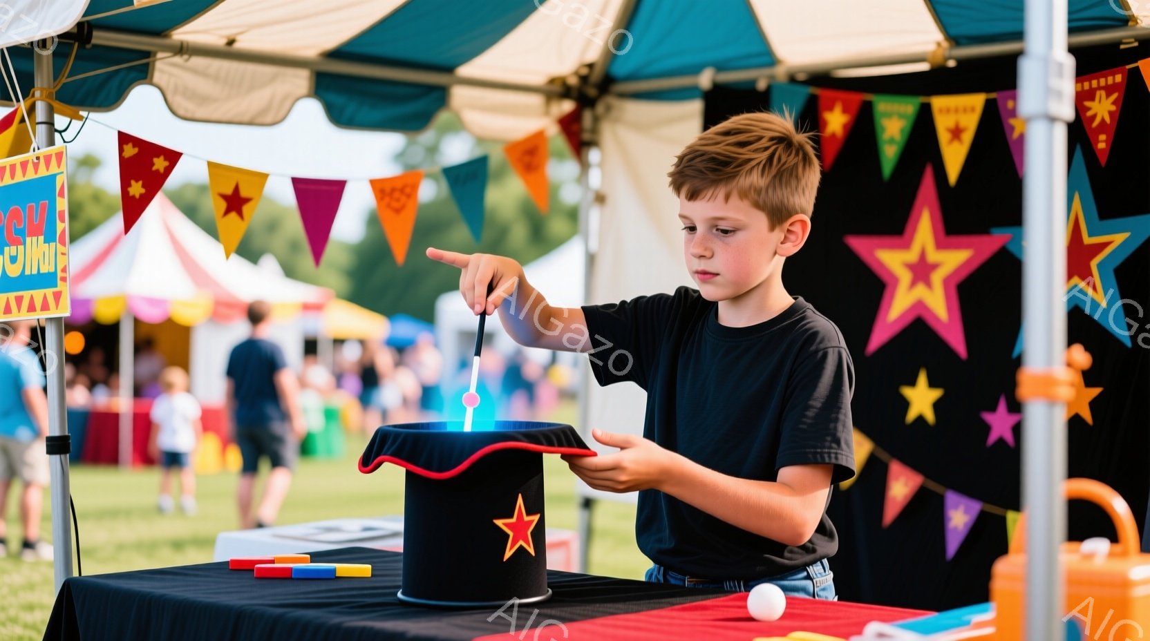 少年は、黒い帽子を指し示す魔法使いのようなポーズをとっています。彼は黒いTシャツを着ており、短く刈り込んだ髪をしています。背景にはカラフルな旗が飾られたテントがあり、芝生の上でイベントが行われているような雰囲気です。