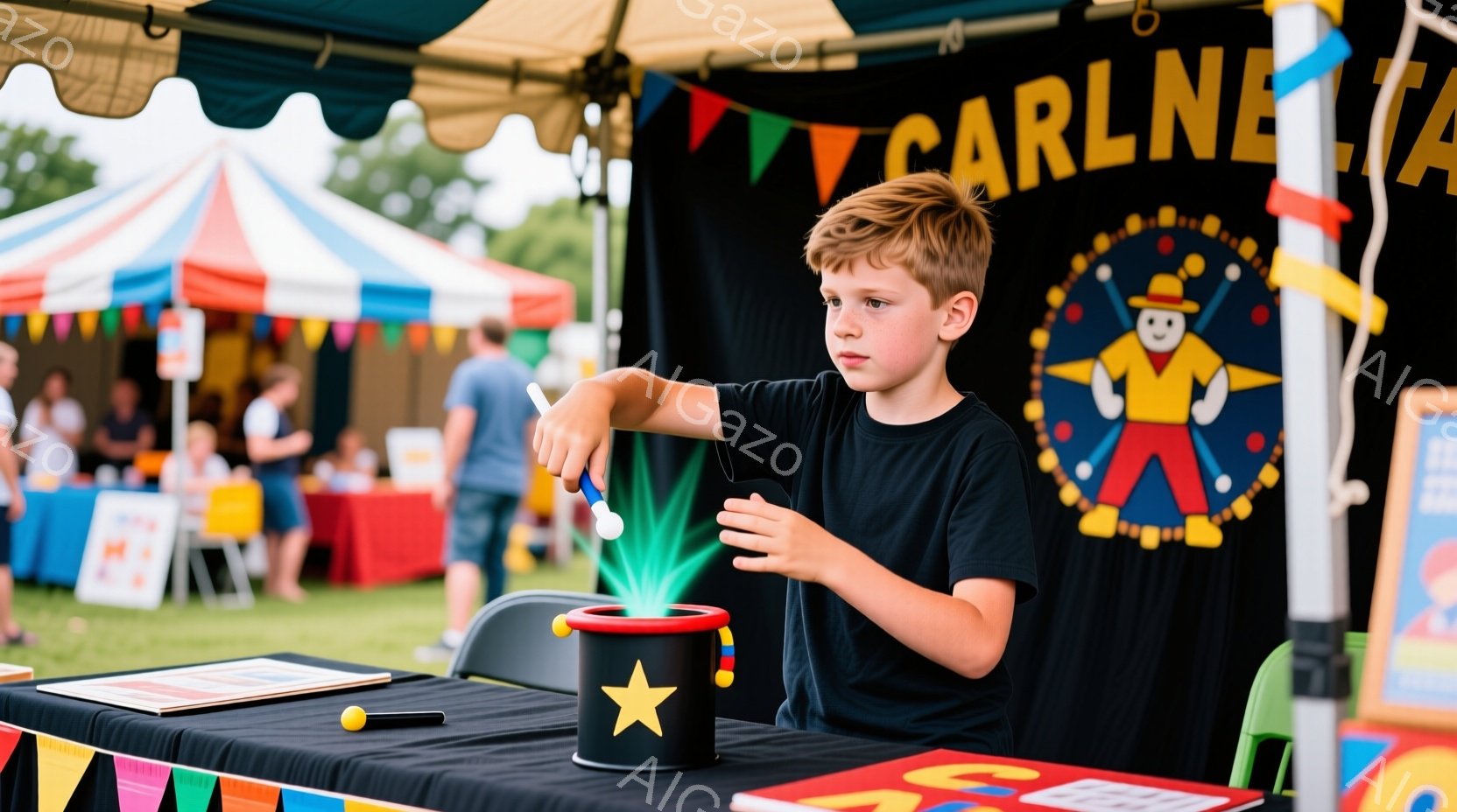 少年は黒いテーブルの前に座り、手の中で白い棒を操り、黒い星形の帽子から緑色の光が溢れるマジックのパフォーマンスをしています。彼は黒いTシャツを着ており、髪は短く整えられ、集中した表情でマジックに臨んでいます。背景には、カラフルなテントと人々が見え、明るい日差しが差し込む屋外イベントの活気ある雰囲気が感じられます。