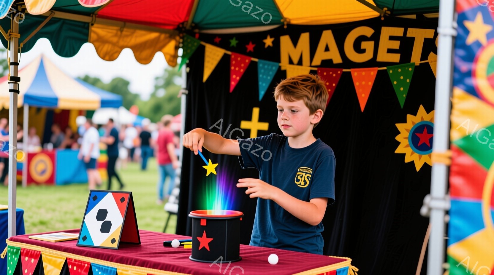 見事なマジックショーの様子が写っている。少年は青いTシャツに短髪で、右手に星形の杖を持ち、黒い帽子から光が溢れ出るマジックを披露している。背景にはカラフルなテントと緑の芝生が見え、お祭りやイベントの賑やかな雰囲気が伝わってくる。