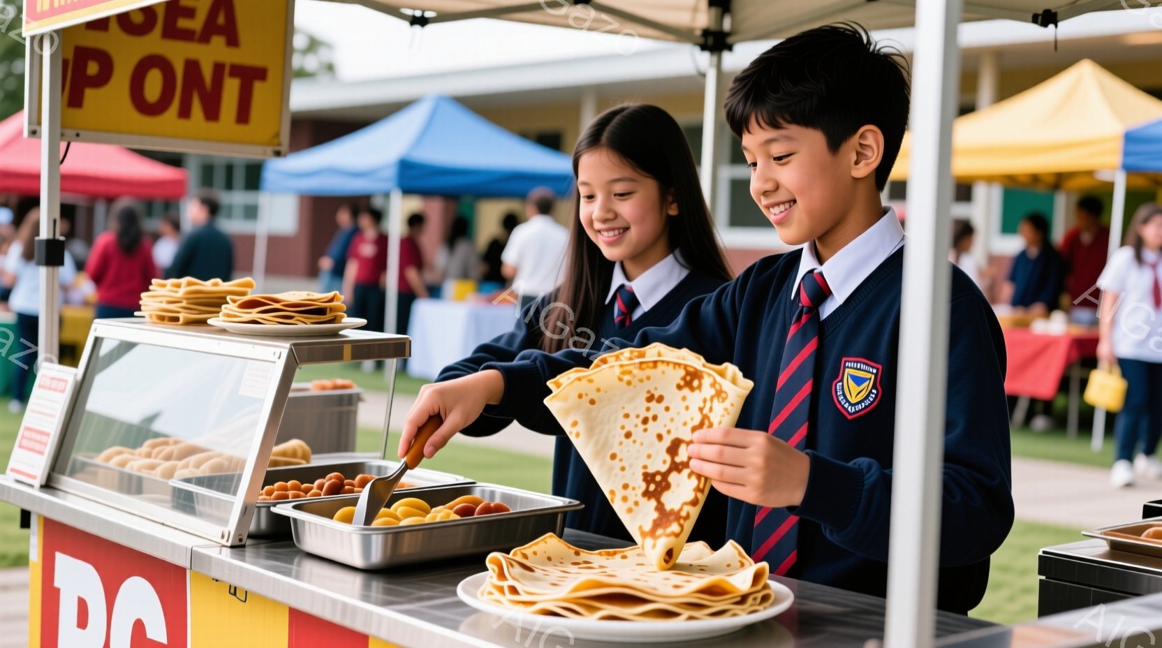 二人の制服を着た生徒が、屋台でおやつを作って楽しんでいます。女の子は長い髪を下ろし、笑顔でクレープに何かをトッピングしています。背景には青空と緑の芝生、そして屋台が並び、晴れた日の賑やかなイベントの雰 - AI生成フリー素材