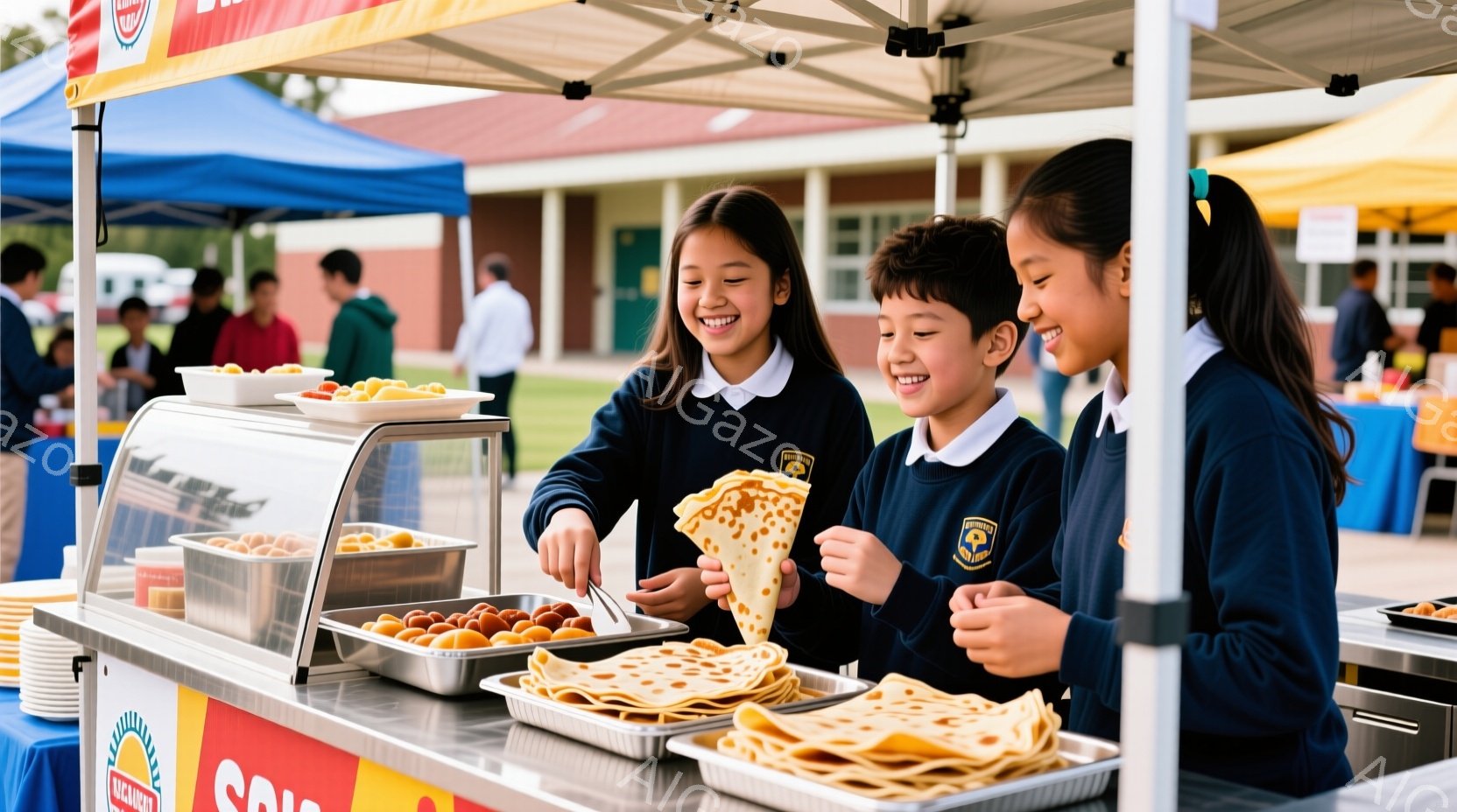 3人の子供たちが屋台で軽食を販売している様子が写っています。彼らは皆、青い制服を着ており、女の子は髪を後ろで結んでいます。明るい日差しが差し込み、背景には建物や緑が見え、賑やかなイベントの様子が伺えます。