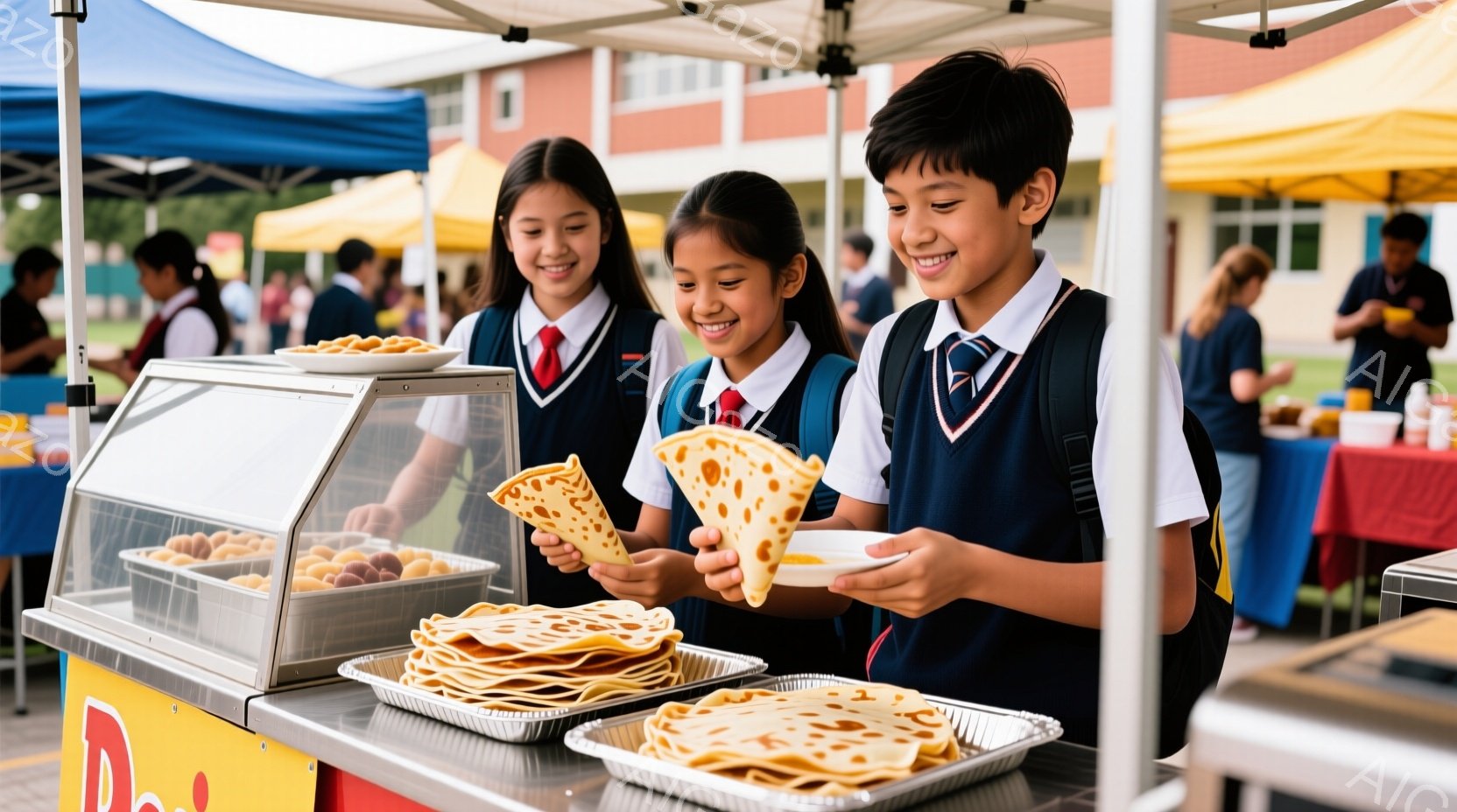 制服を着た少年少女が、屋台で三角形のクレープを受け取っています。少年は満面の笑みを浮かべ、少女も微笑んでいます。背景には建物や木々が見え、屋外で晴れた日のイベントが行われている様子が伺えます。 - AI生成フリー素材