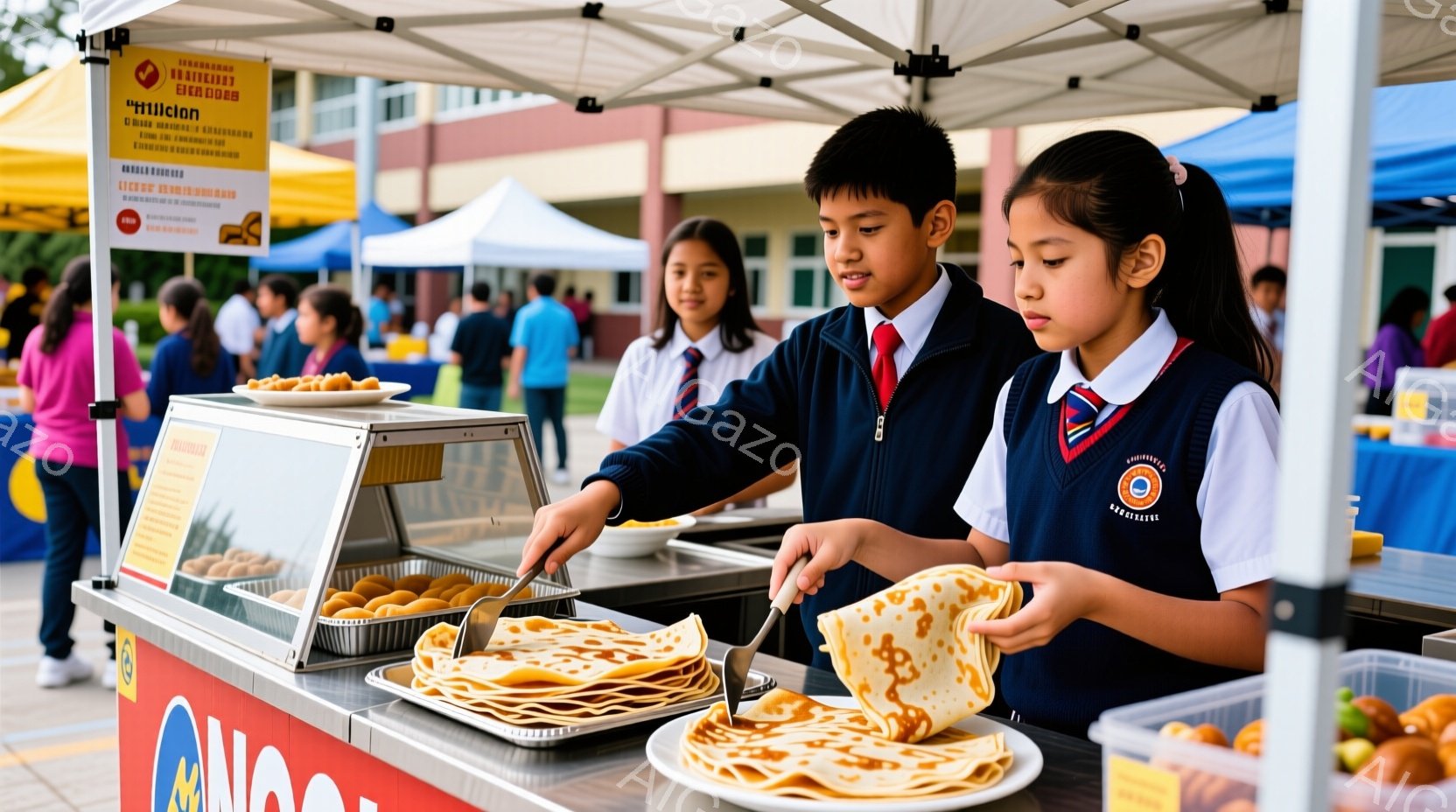 二人の生徒が屋台で薄焼きパンケーキを作っている様子が写っている。制服を着ており、少年は黒髪で真剣な表情、少女はポニーテールで笑顔を見せている。背景には建物や緑が見え、屋外イベントの賑やかな雰囲気が伝わ - AI生成フリー素材