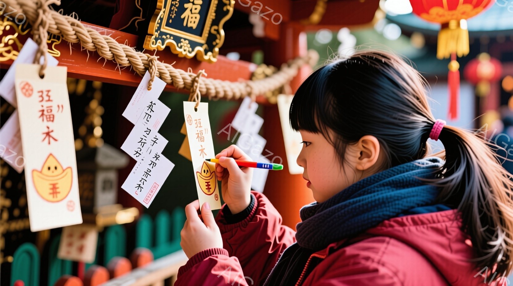 一人の女性が、お寺や神社の境内に飾られた絵馬に何かを書き込んでいる様子が写っています。彼女は赤いジャンパーを着ており、長い黒髪を後ろで束ねています。背景には、多くの絵馬が吊るされ、赤色の提灯が見え、伝統的な日本の雰囲気が漂っています。