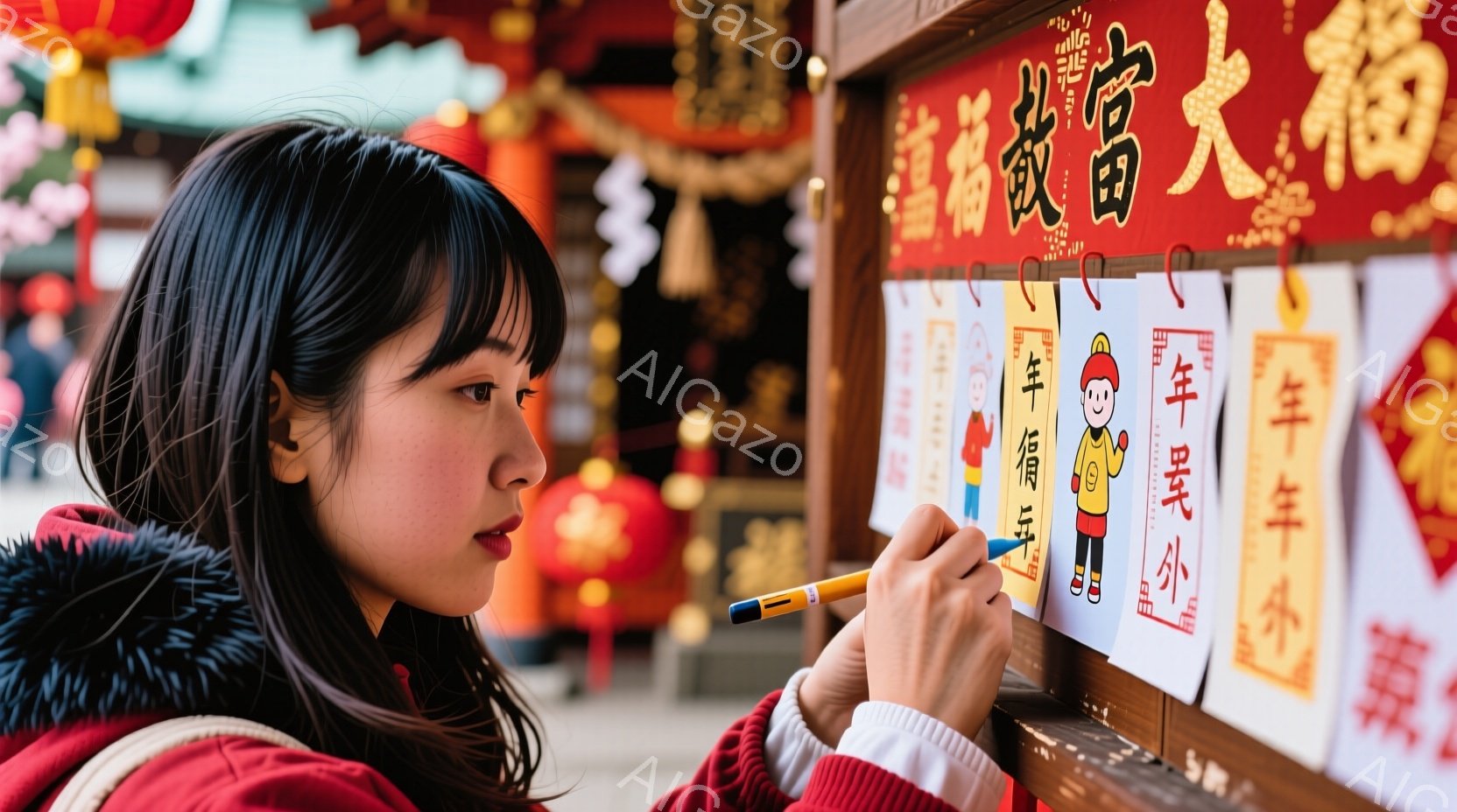 長い黒髪を肩まで伸ばした若い女性が、赤いジャケットと白いセーターを着て、赤い紙に何かを書いている。彼女は集中した表情で筆を持っている。背景には、中国風の赤い飾り付けと文字が書かれた紙が並び、お祭りや新年のお祝いのような活気ある雰囲気が感じられる。