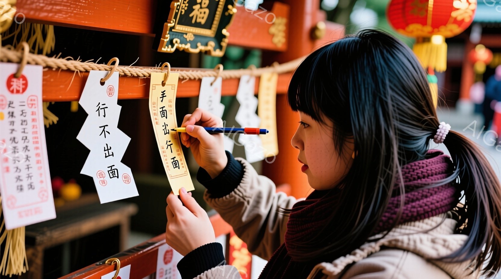 若い女性が、神社でおみくじに祈りを込めてペンで文字を書き込んでいます。彼女は黒のセーターと茶色のコートを着ており、髪は長くストレートで、額には小さな髪飾りをつけています。背景には木製の構造物や、たくさんの色とりどりの紙のおみくじが並び、神社の厳かで静かな雰囲気が漂っています。