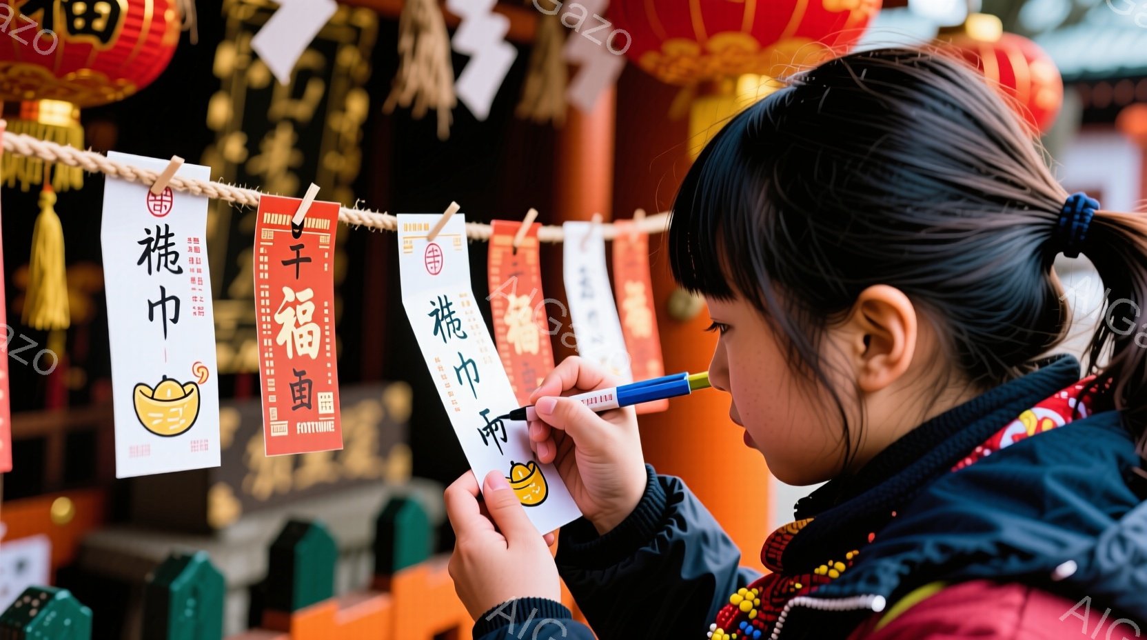 一人の若い女性が、神社の境内にある籤（おみくじ）を手に持っています。彼女は黒いジャケットと茶色の髪で、前髪を分けています。背景には赤い提灯や他の籤が並び、厳かな雰囲気が漂っています。