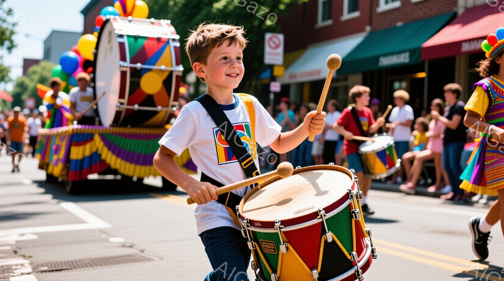 少年は、明るい色のストライプが描かれたドラムを、誇らしげな表情で叩いています。彼は白のTシャツに肩掛けのストラップ、紺色の短パンを着用し、金髪を短く切っています。背景には、カラフルな装飾が施された車両や人々が見え、晴天の下、活気のあるパレードが行われている様子が伺えます。
