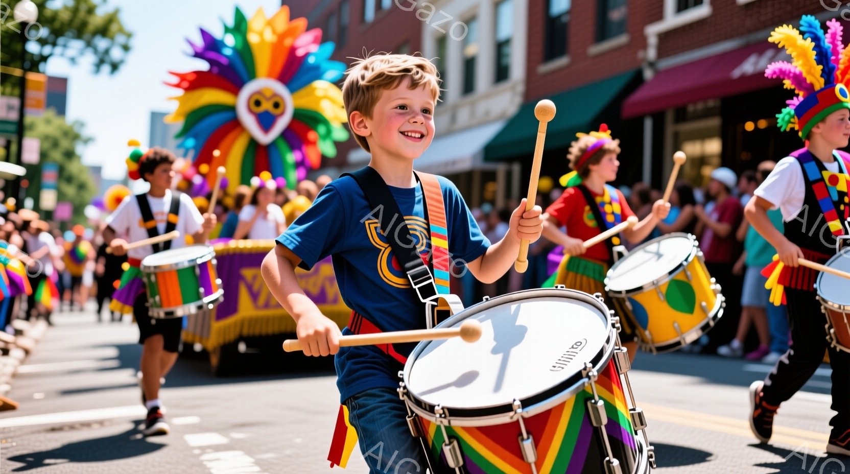 見事なパレードの一コマで、少年たちがカラフルなドラムを力強く叩いています。少年は青いシャツにジーンズ姿で、満面の笑みを浮かべ、活気に満ちた表情をしています。背景には、観客席とカラフルなパレードのフロートが見え、晴天の下、賑やかな雰囲気が漂っています。