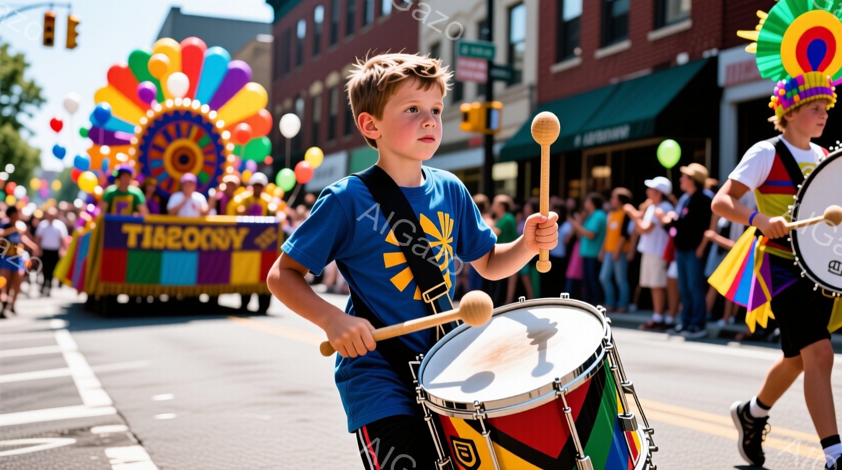 少年がドラムを叩きながらパレードに参加している様子が写っている。青いTシャツに黒い短パン姿で、ドラムを構え、真剣な表情で演奏に集中している。背景にはカラフルなパレードのフロートや建物が見え、晴天の下、活気に満ちた雰囲気が伝わってくる。