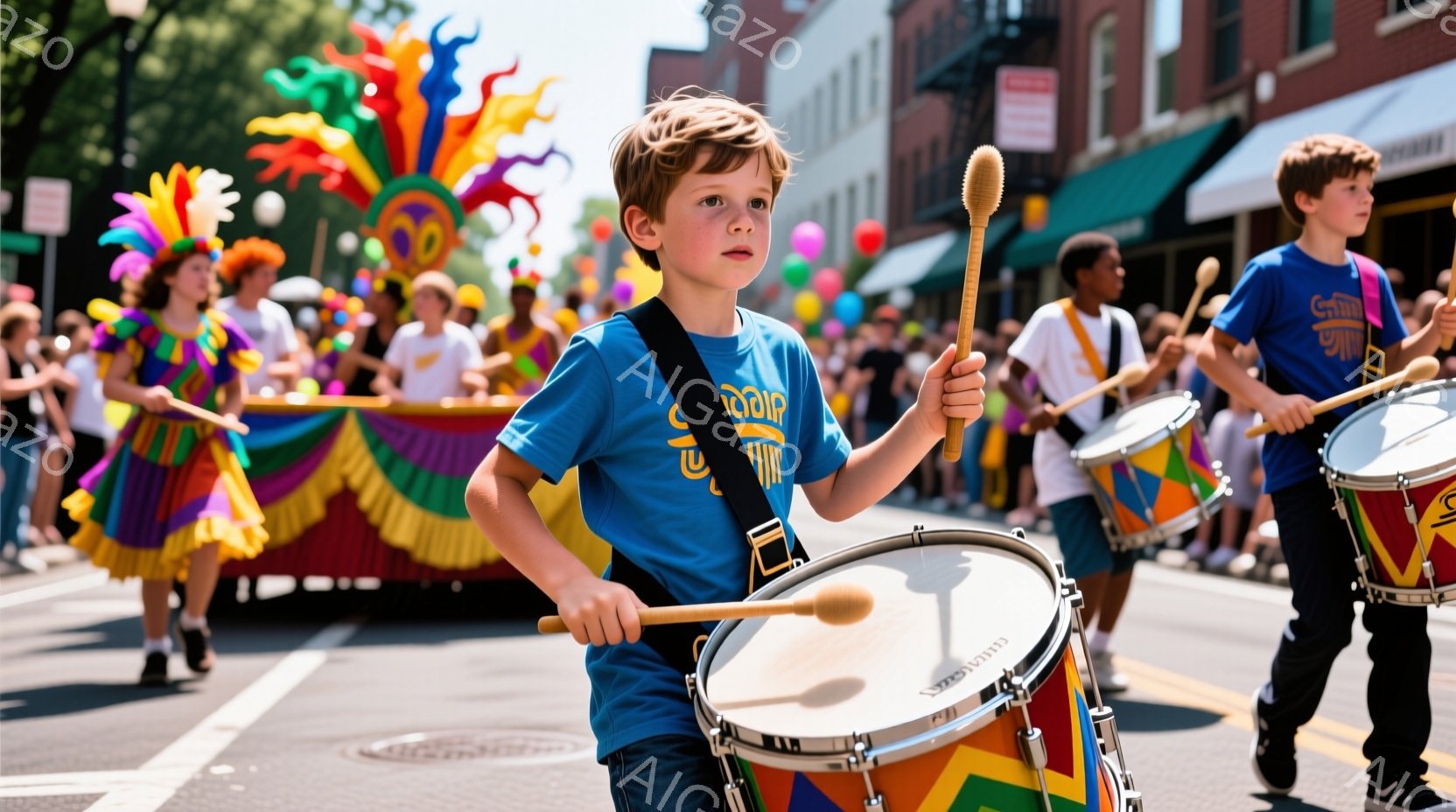 少年たちは鮮やかな色のドラムを叩きながら、パレードに参加している。青いTシャツを着ており、髪は短く整えられている。背景にはカラフルな装飾が施されたフロートや建物が見え、晴れた日の賑やかな雰囲気が伝わってくる。