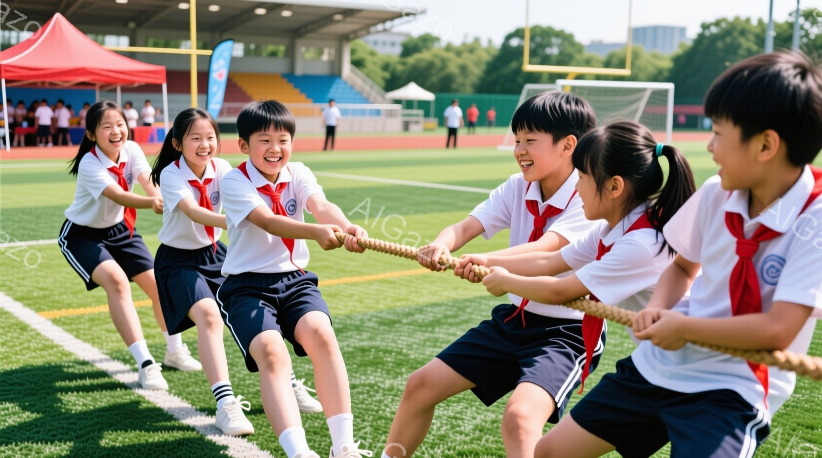 複数の小学生が青い芝生のグラウンドで綱引きをしている様子が写っています。白いシャツに紺色の短パン、赤いネクタイ姿で、皆一様に笑顔を浮かべ、力強く綱を引いています。背景には、観客席や緑豊かな木々が見え、晴天の下、活気あふれる運動会の一場面であることがわかります。