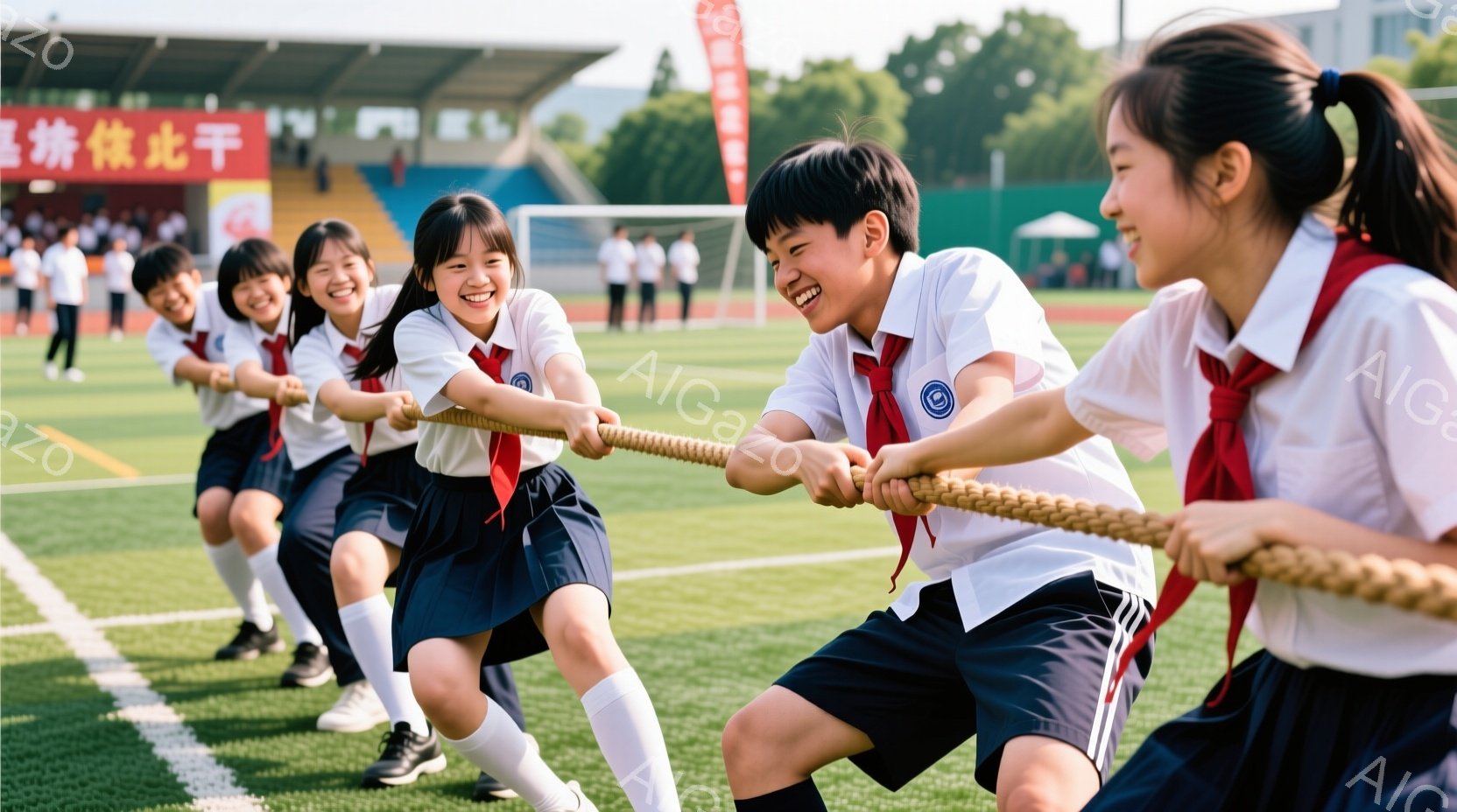 複数の生徒が青いロープを引っ張り合い、真剣かつ楽しそうな表情を浮かべている。彼らは白いシャツ、紺色のスカートまたはズボン、赤いネクタイという制服を着ており、白靴下を履いている。背景には緑の芝生、競技場、そして晴れた空が見え、活気ある屋外のスポーツイベントの様子が伝わってくる。
