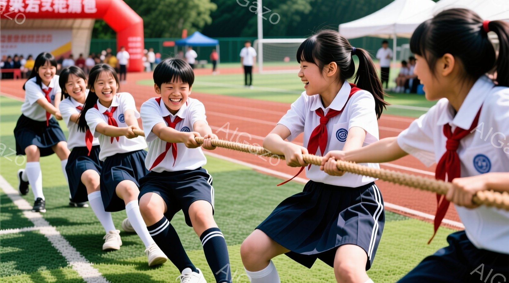 制服を着た女子生徒たちが綱引きをしている様子が写っています。彼女たちは白いシャツに濃い青色のスカート、白いソックスを履き、赤いネクタイを締めています。生徒たちは皆、顔を赤らめ、真剣な表情で力を込めて綱を引っ張っており、背景には赤いインフレータブルの構造物とトラックが見えます。