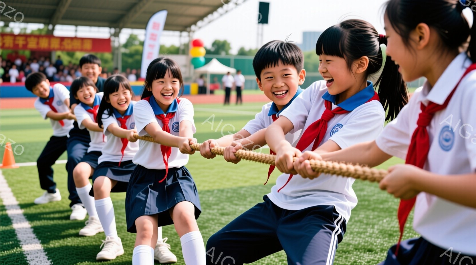 複数の少女たちが力強く綱引きをしている様子が写っている。制服は白のブラウスに紺色のスカート、白い靴下とスニーカーを履き、赤いネクタイとスカーフがアクセントになっている。背景には緑の芝生、観客席、そして - AI生成フリー素材