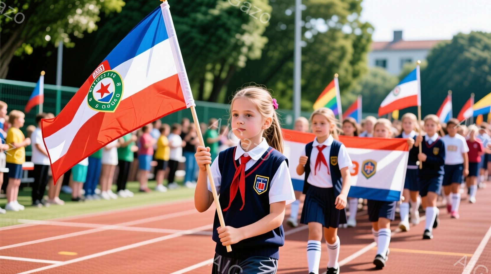 少女たちが整然と列をなして競技場を歩いている。彼女たちは紺色のジャケット、白いシャツ、赤いネクタイ、そして白いスカートまたはズボンを着用しており、それぞれの隊列が異なる旗を掲げている。背景には建物が見え、天候は晴れで明るい日差しが差し込み、全体的に活気があり、儀式的な雰囲気が漂っている。