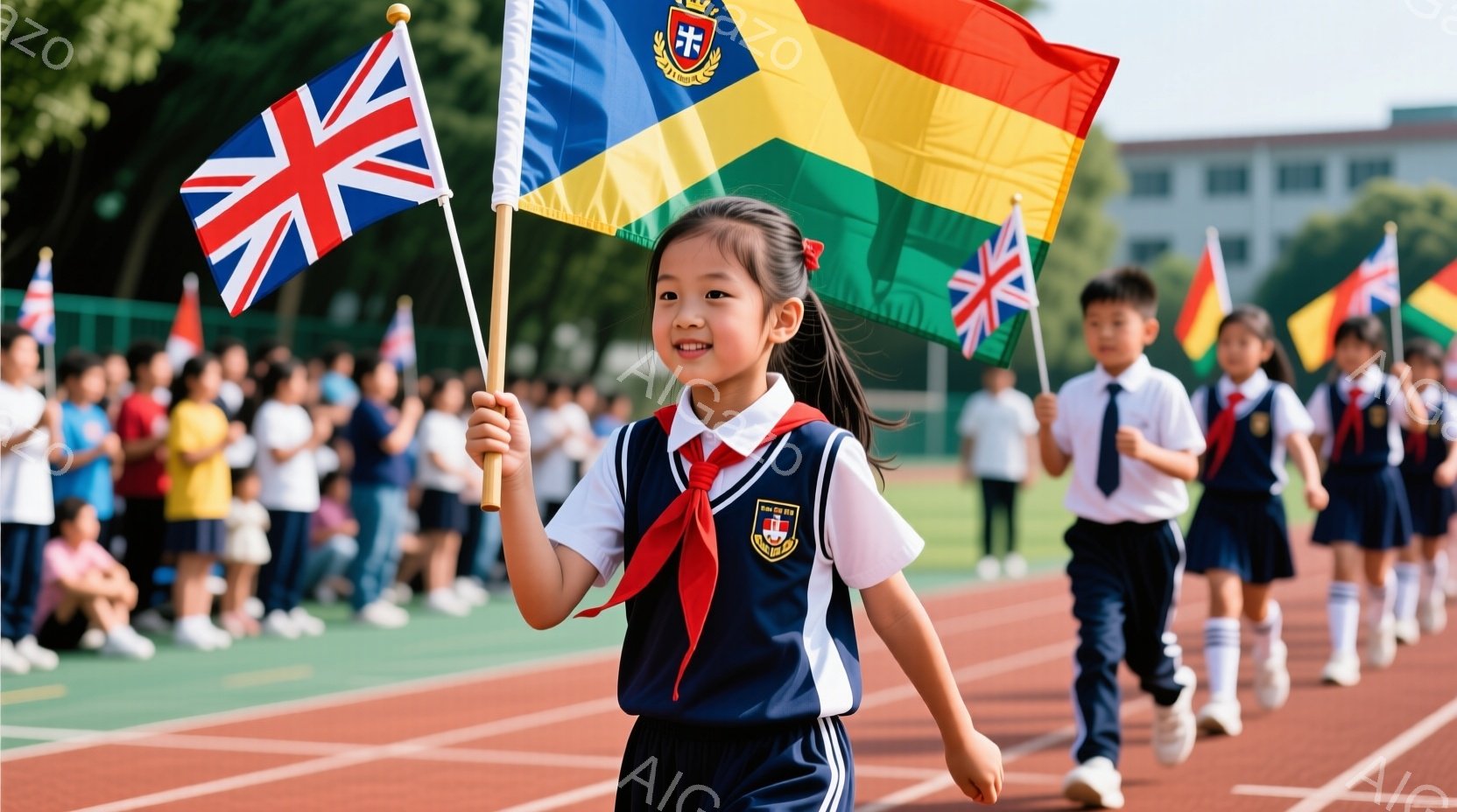 赤いトラックを走る幼い少女が、イギリスとブラジルの国旗を振っています。彼女は青と白のユニフォームに赤いスカーフを巻いており、満面の笑みを浮かべています。背景には、他の生徒や観客、そして建物が見え、晴れた日の活気ある学校行事の様子が伺えます。