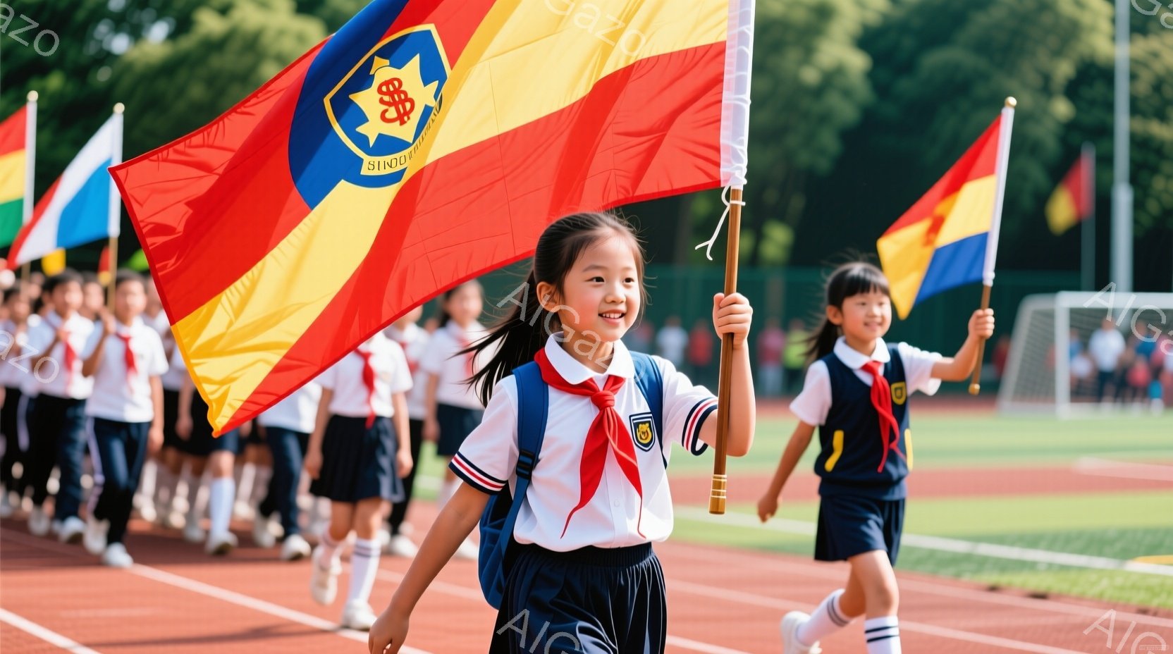 トラックを歩いている若い女の子が写っており、赤い背景に金色のエンブレムが入った旗を誇らしげに掲げています。彼女は白いブラウスと紺色のスカートの制服を着ており、ポニーテールで髪を結んでいます。背景には他 - AI生成フリー素材