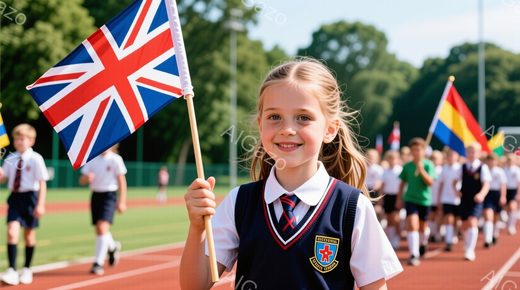 金髪の少女が、イギリス国旗を高く掲げて笑顔を見せています。彼女は紺色のベスト、白いシャツ、赤いネクタイ、チェック柄のスカートを着用しており、運動場に立っています。背景には他の子供たちが様々な国旗を持って並んでおり、晴れた日の屋外イベントの様子がうかがえます。