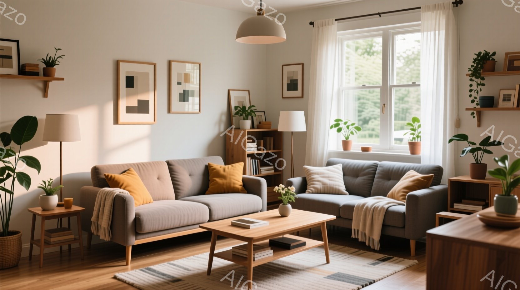 明るいリビングルームで、グレーのソファが２つ並べられています。壁には抽象的な絵画が飾られ、棚には観葉植物や本が置かれています。窓からは自然光が差し込み、温かく穏やかな雰囲気を醸し出しています。 - AI生成フリー素材