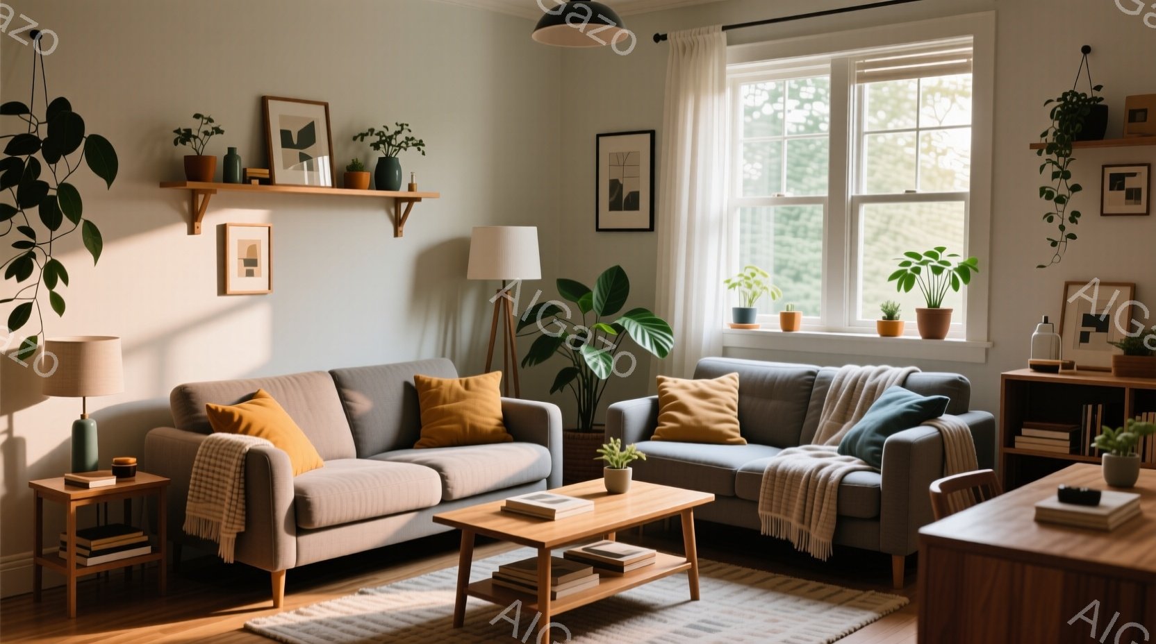 明るいリビングルームの様子で、グレーのソファにオレンジと水色のクッションが置かれています。窓際には植物が飾られた棚があり、自然光が差し込んで穏やかな雰囲気を醸し出しています。木製のテーブルやフローリングの床が温かみを添え、落ち着いた空間を作り出しています。