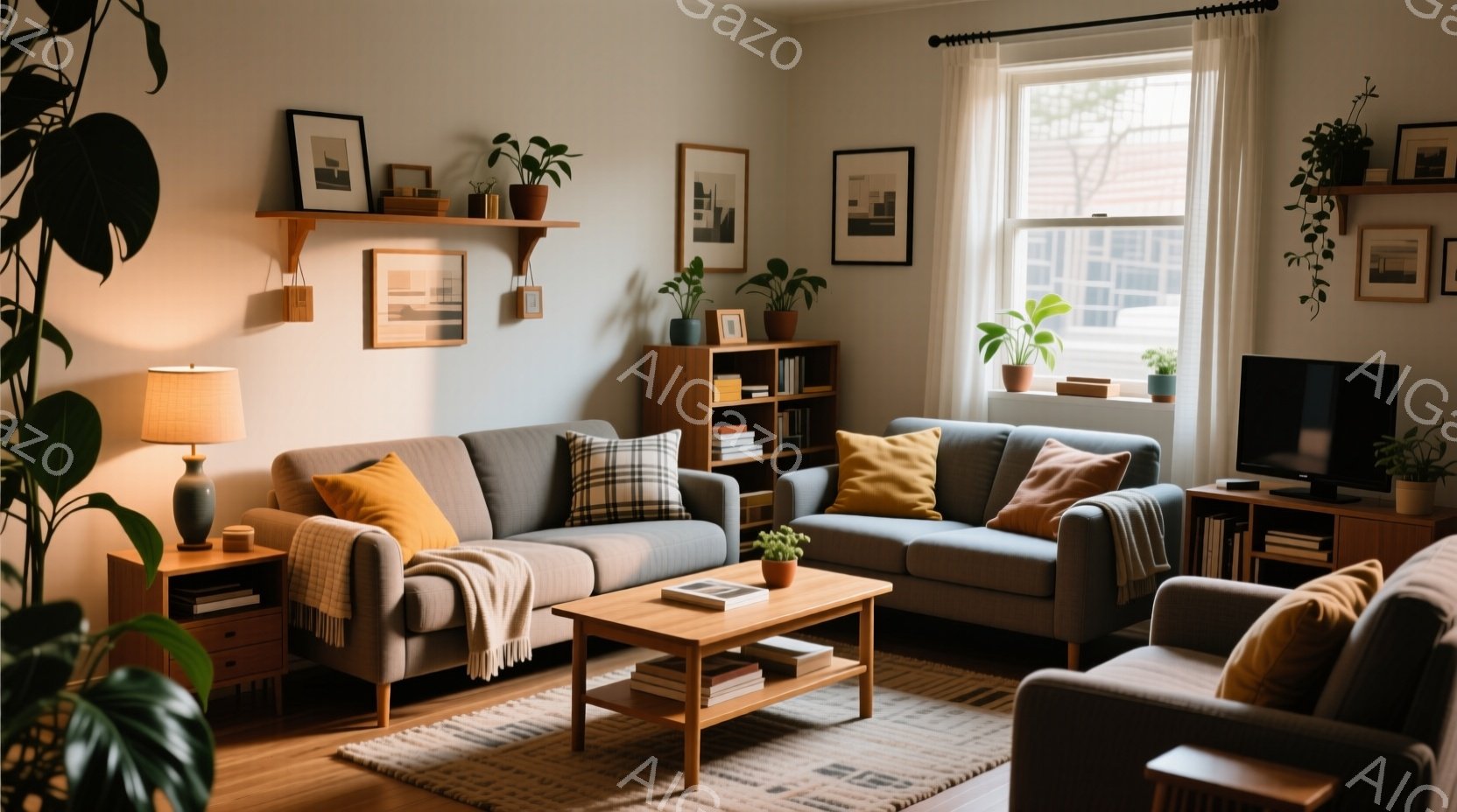 リビングルームは、灰色のソファ、木製のコーヒーテーブル、そしていくつかの植物で飾られています。窓からは自然光が差し込み、部屋全体を明るく照らしています。全体的に、暖かく居心地の良い雰囲気で、リラックスできる空間が演出されています。