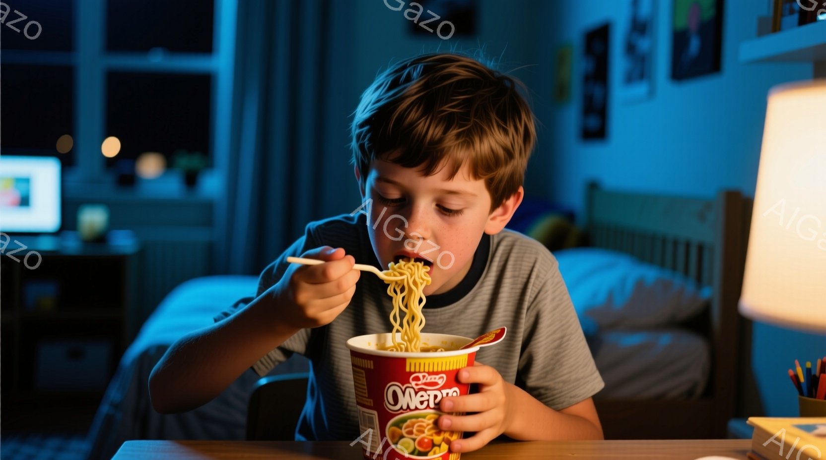 少年は、テーブルに座ってインスタントラーメンを食べている。彼は灰色のTシャツを着ており、茶色の髪は少し無造作に整えられている。背景にはベッドと学習机があり、部屋は薄暗く、暖色系の光で照らされており、リラックスした家庭的な雰囲気が漂っている。
